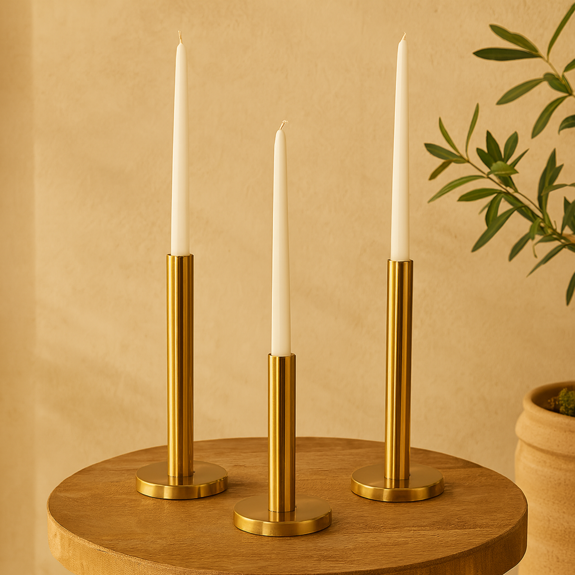 Set of 3 Gold Stainless Steel Metal Slim Decorative Candle Holder with Round Base