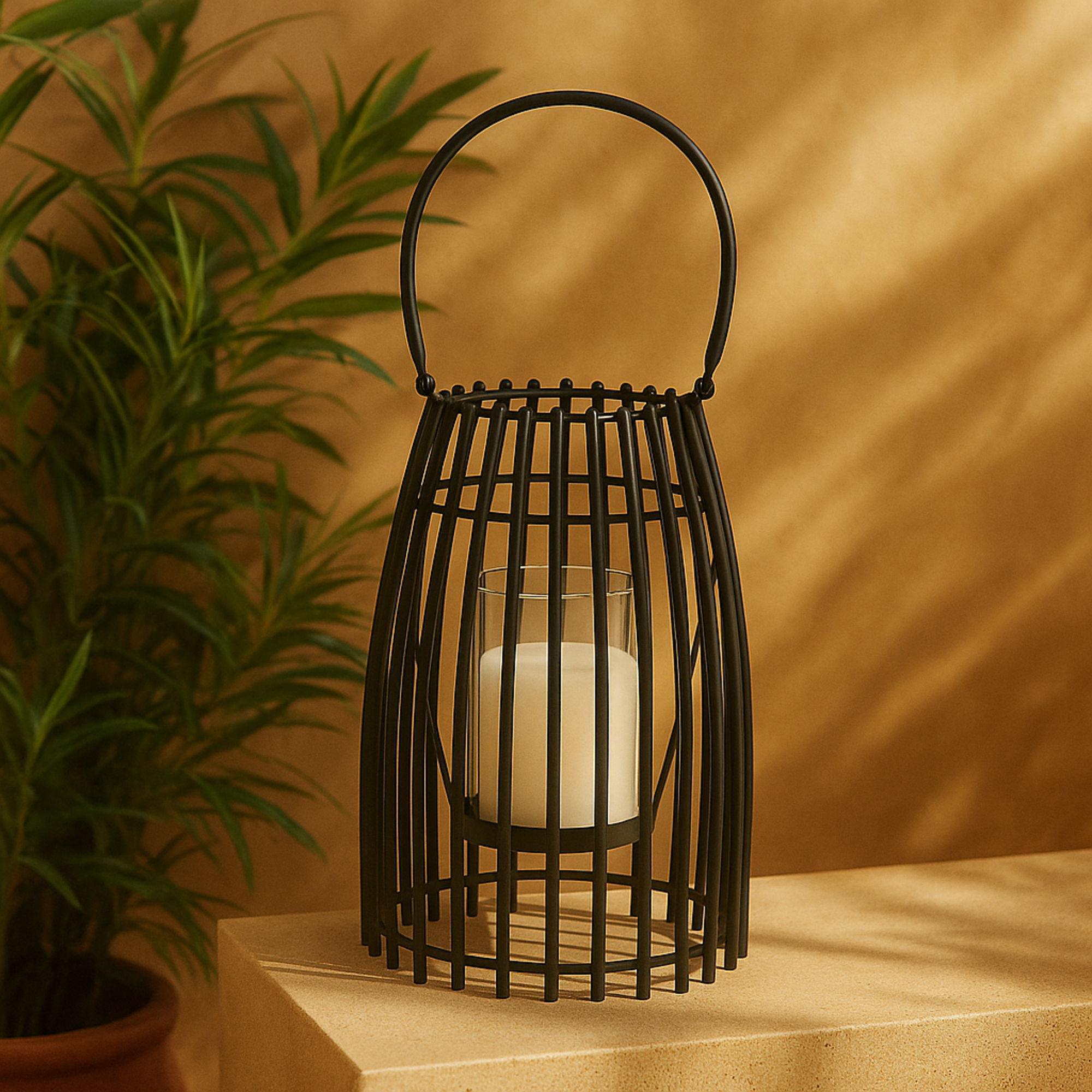 Black Metal Decorative Indoor Outdoor Candle Lantern with Handle