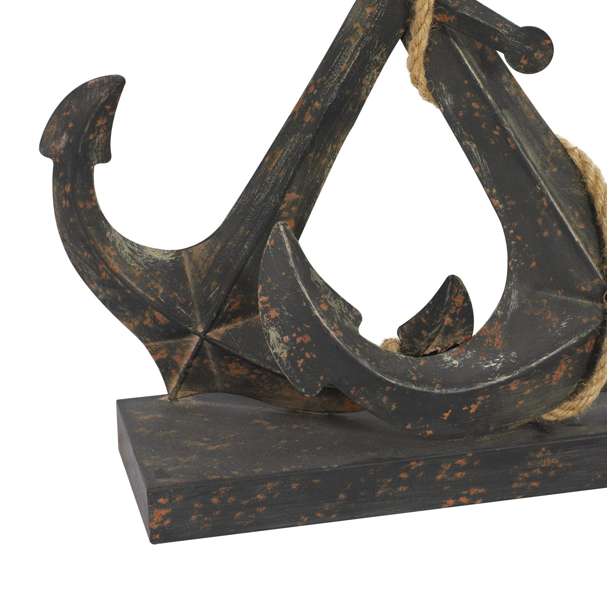Anchor Black Metal Decorative Sculpture with Jute Rope Accents