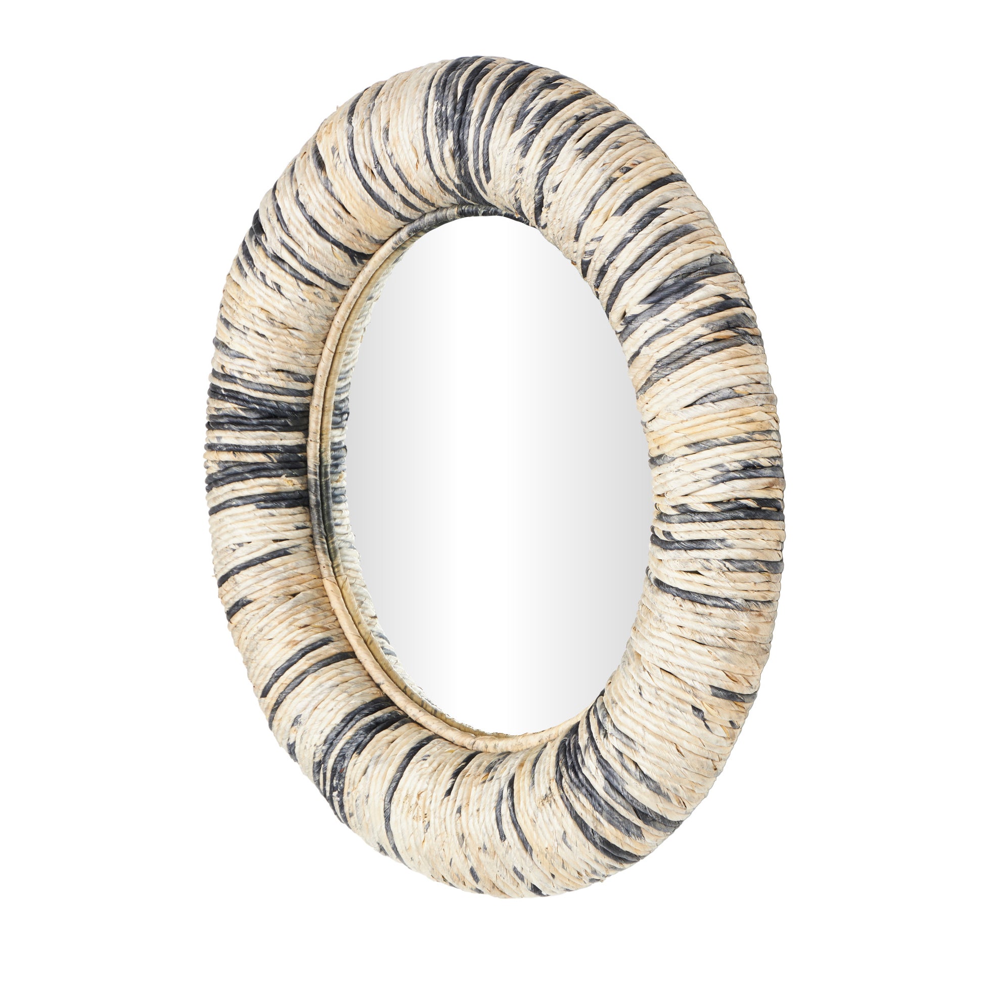 Beige Banana Leaf Room Wall Mirror with Coiled Frame and Blue Accents