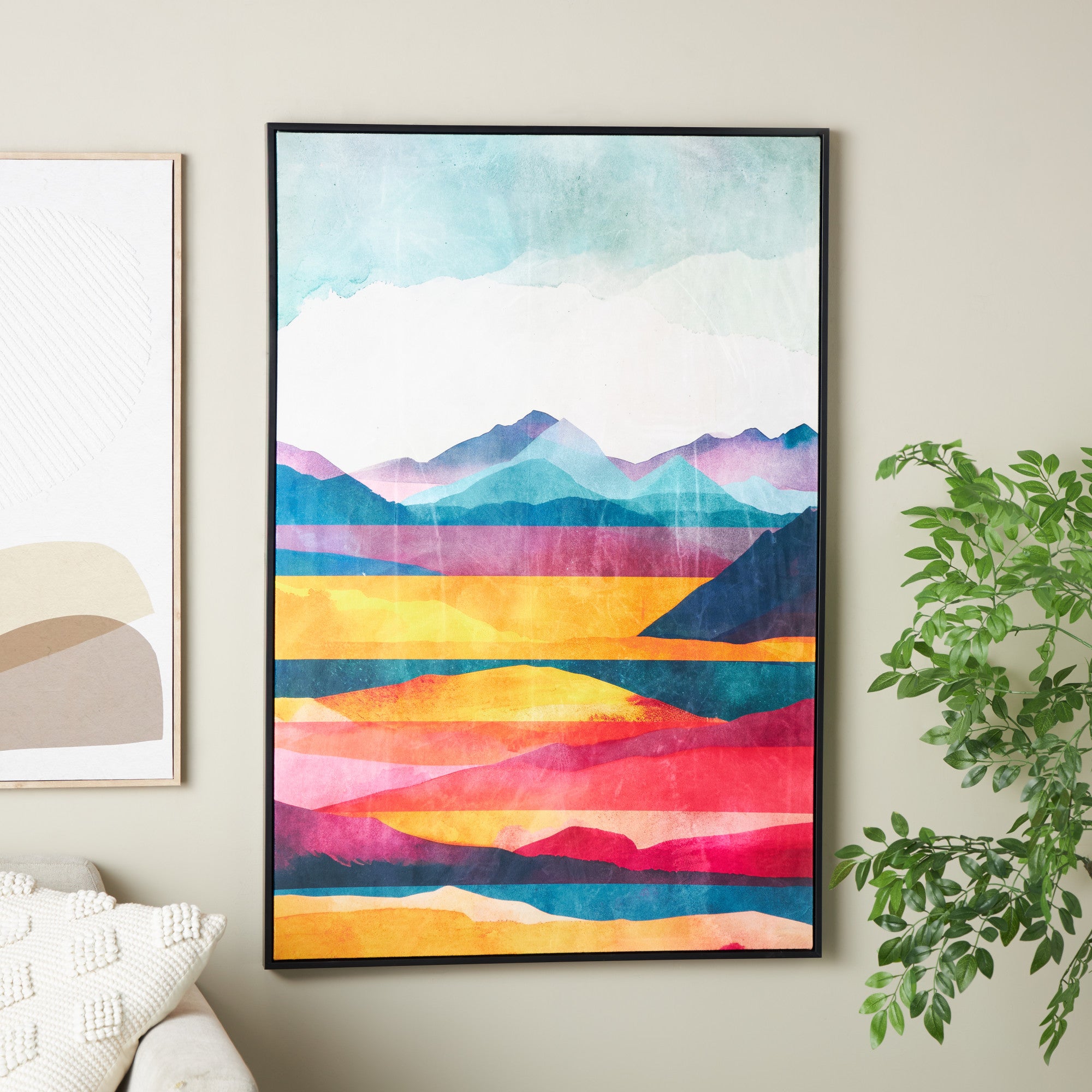 Abstract Multi Colored Canvas Mountains and Lake View Living Room Framed Wall Art with Black Frame