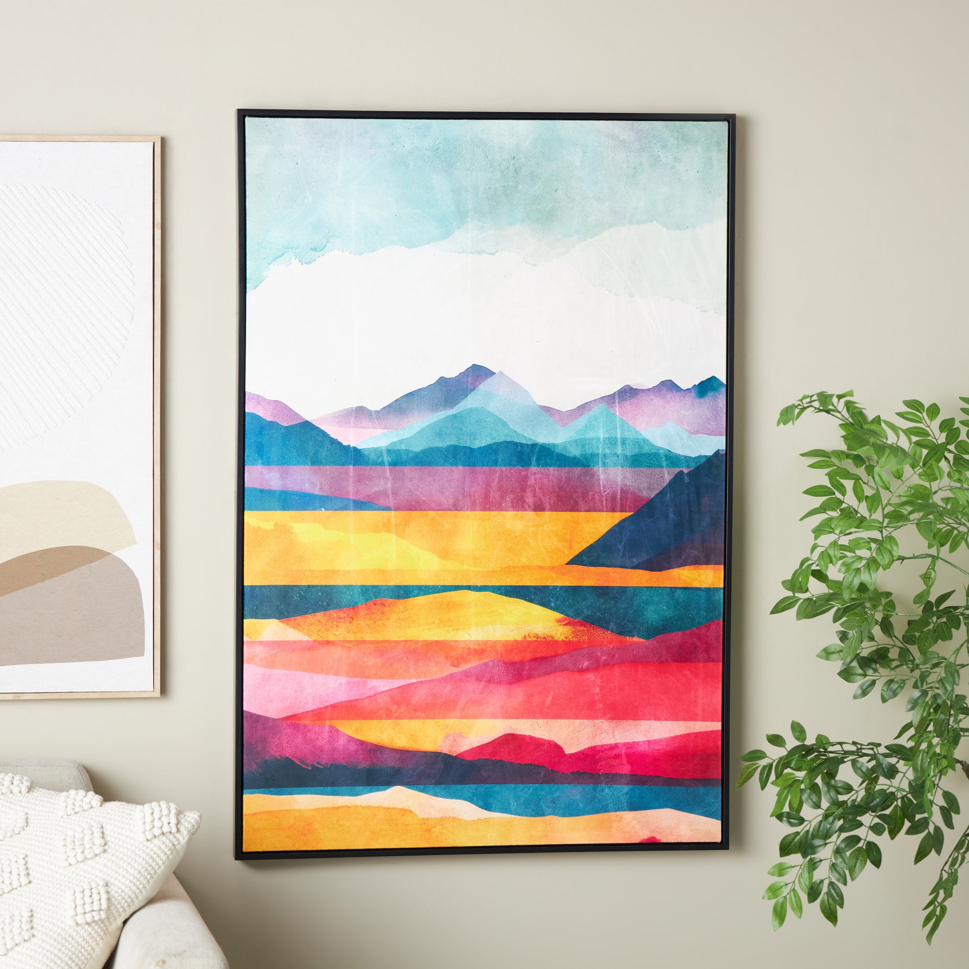 Abstract Multi Colored Canvas Mountains and Lake View Living Room Framed Wall Art with Black Frame