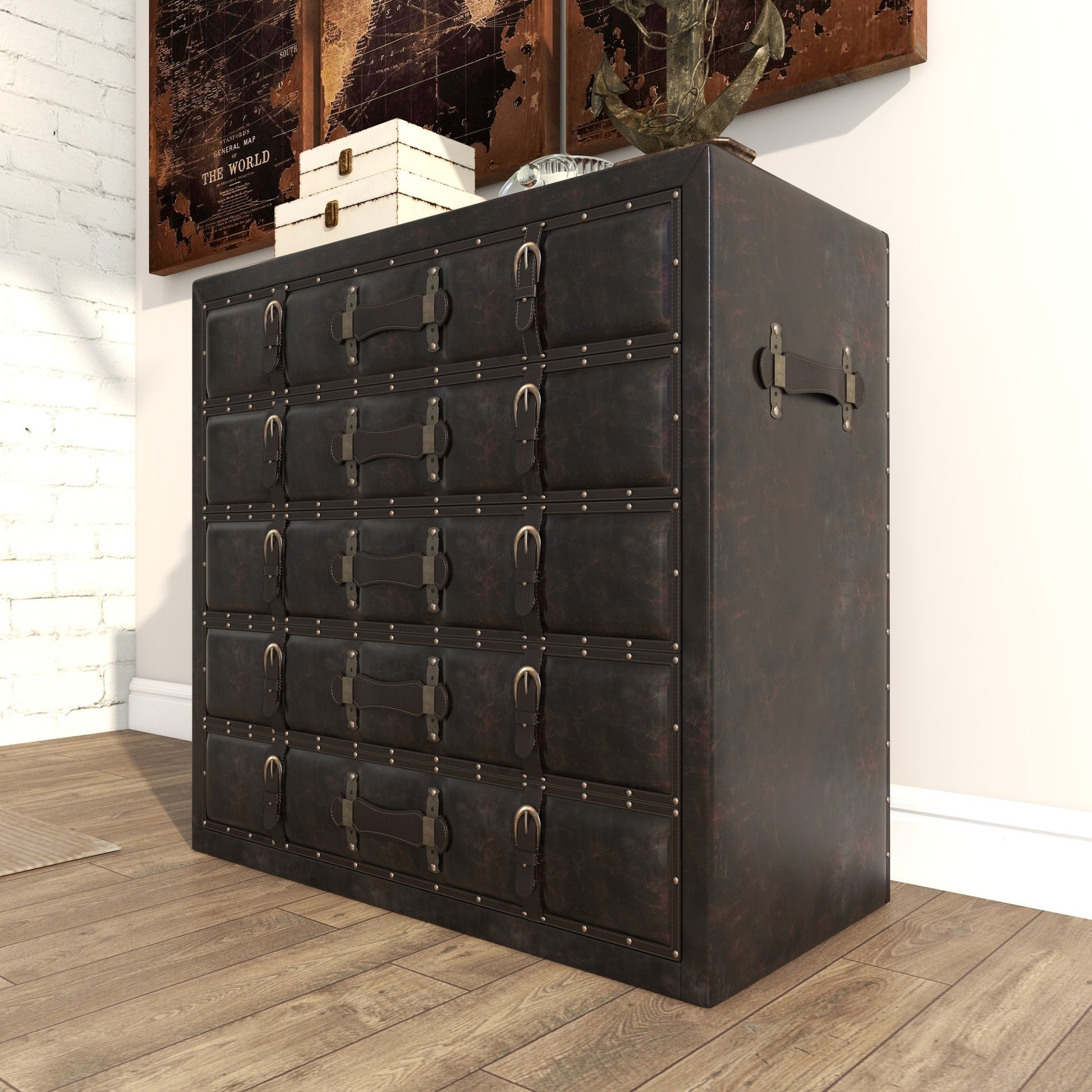Black Faux Leather Vintage Trunk Room Chest with Gold Studs and Buckle Detailing