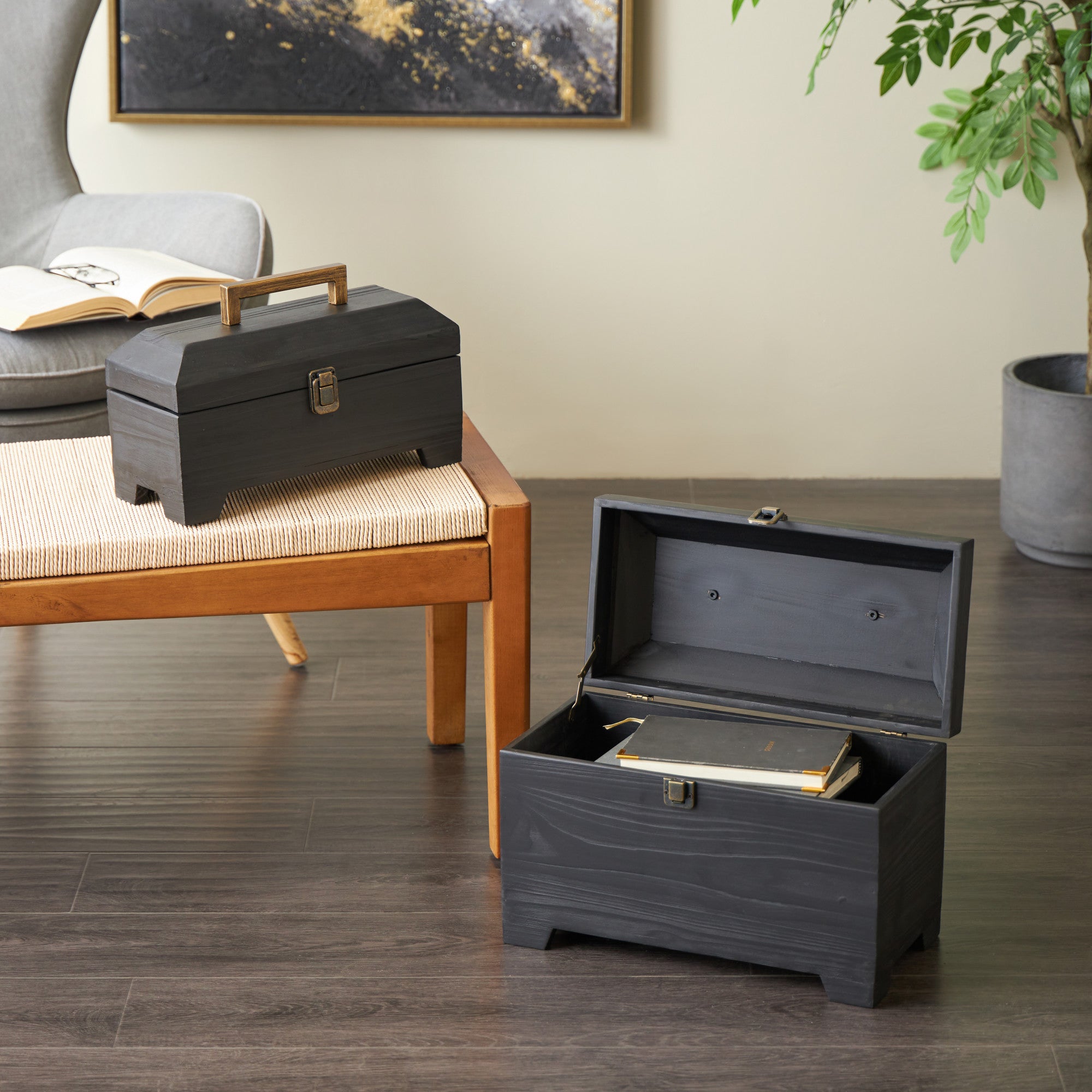 Set of 2 Black Wood Handmade Decorative Box with Brass Latches and Handle