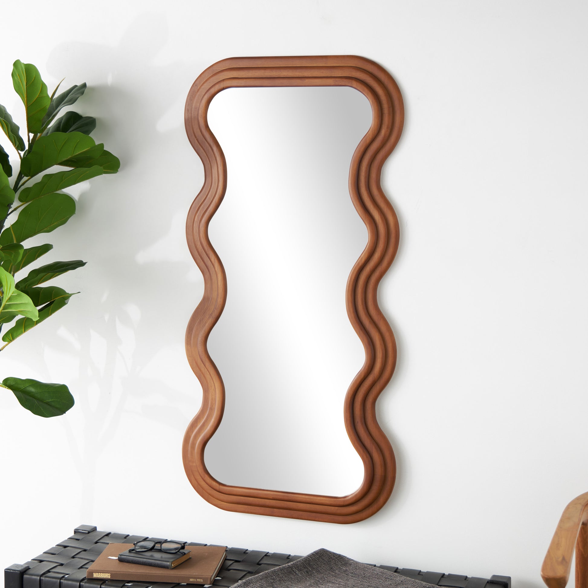 Wood Wavy Room Wall Mirror with Dimensional Carved Frame 20" x 2" x 39"