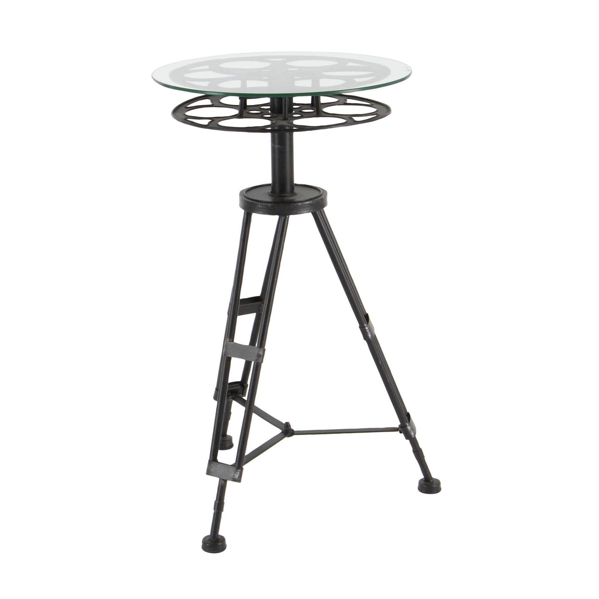 Film Black Metal Reel Side End Accent Table with Tripod Legs and Glass Top