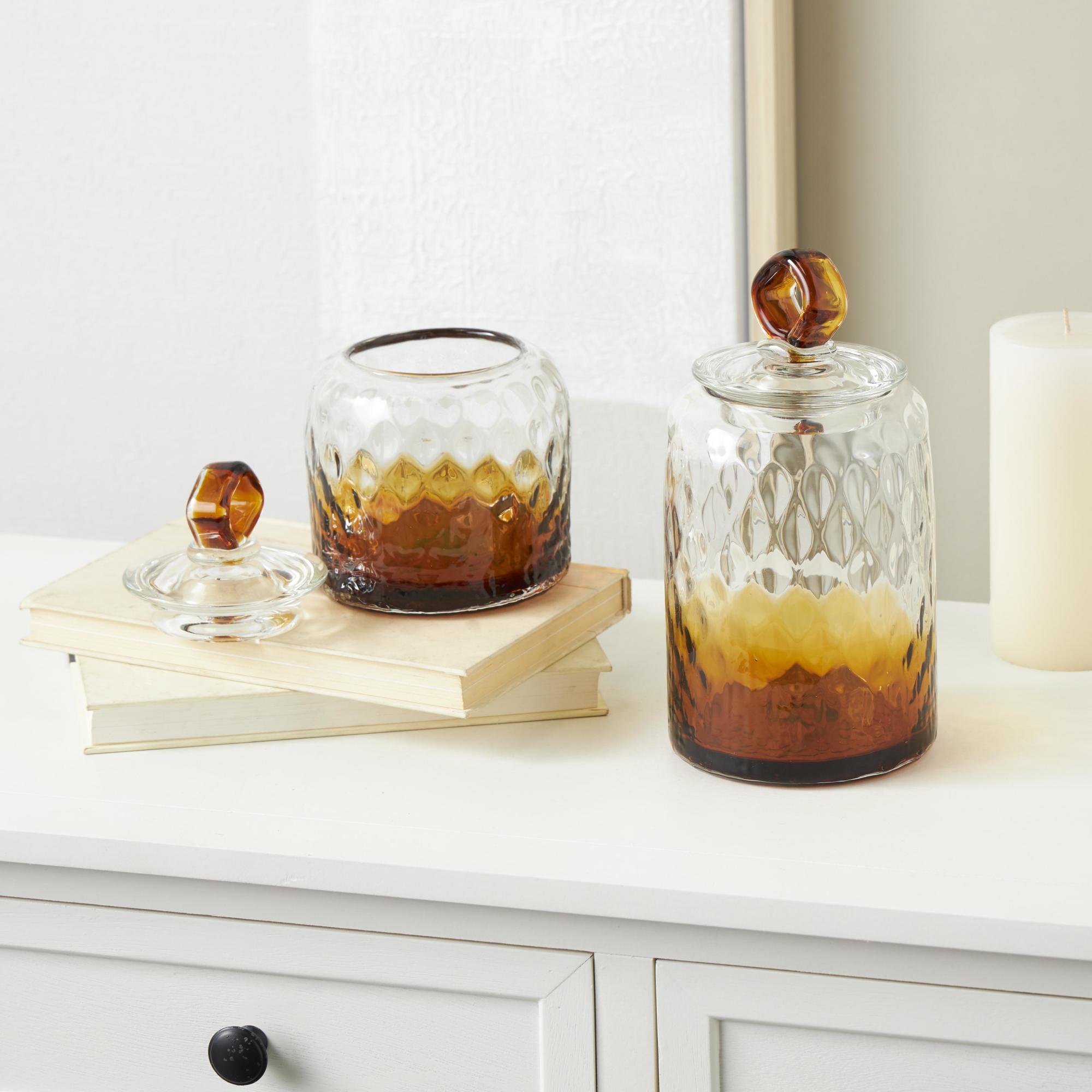 Set of 2 Geometric Orange Glass Faceted Ombre Living Room Decorative Jars with Diamond Knobs