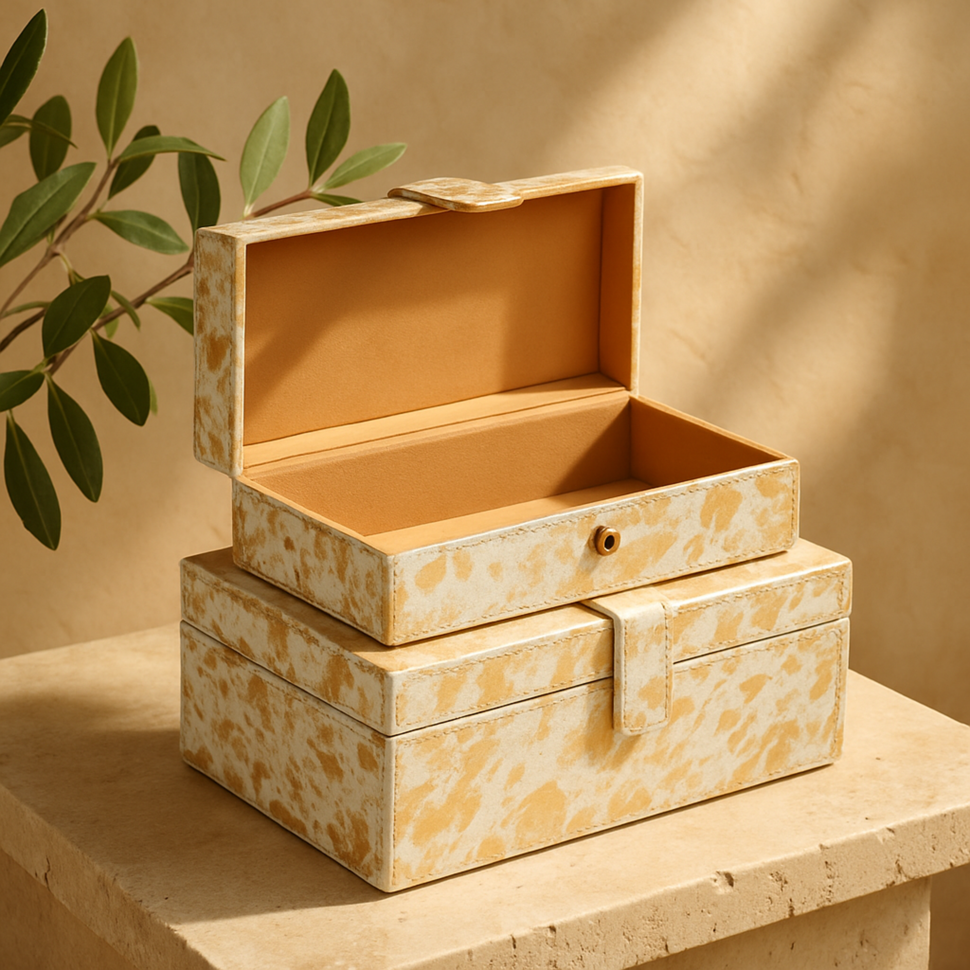 Set of 2 Leather Handmade Storage Decorative Box with Snap Front Closure Set of 2 10", 8"W