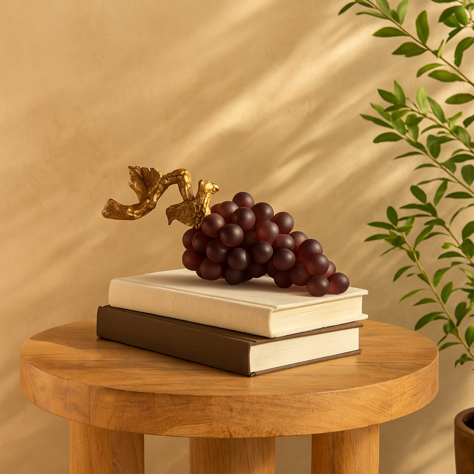 Fruit Purple Polystone Grape Decorative Sculpture with Gold Stem