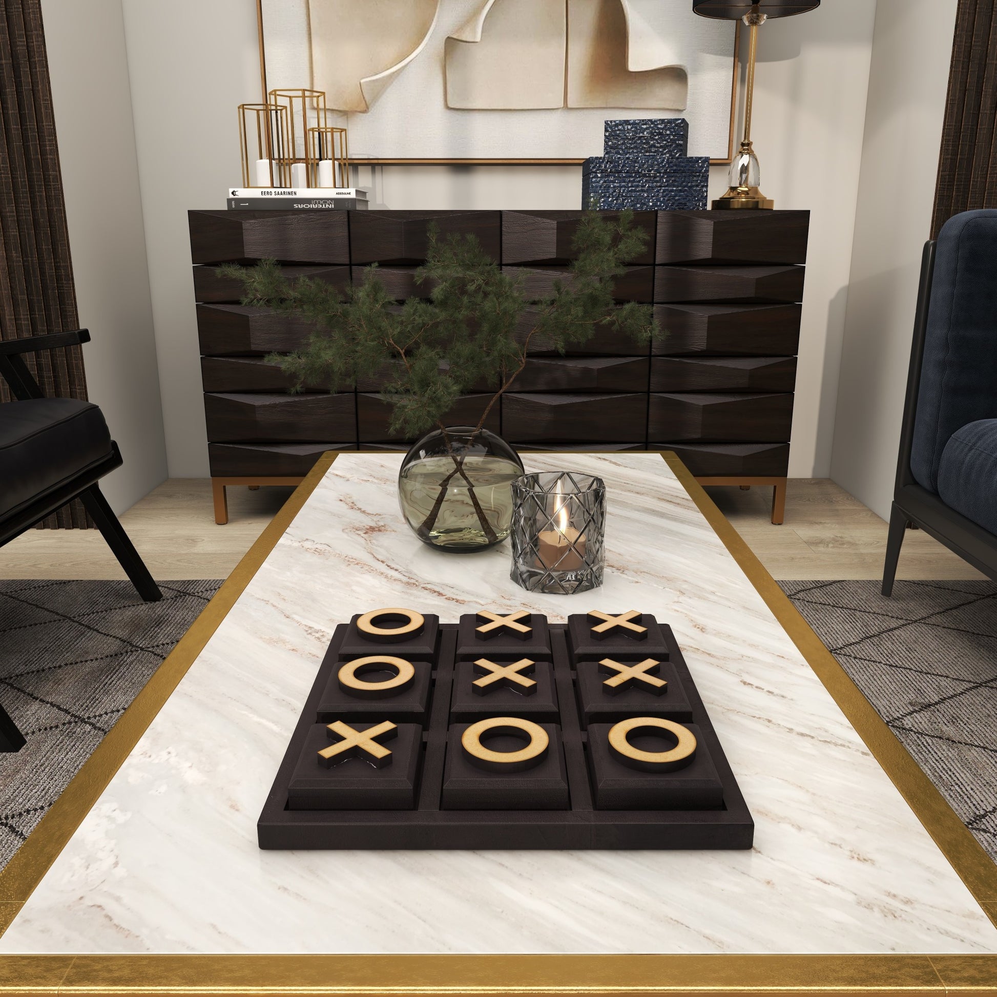 Tic Tac Toe Dark Brown Wooden Block Home Decor Game Set with Light Wood Pieces