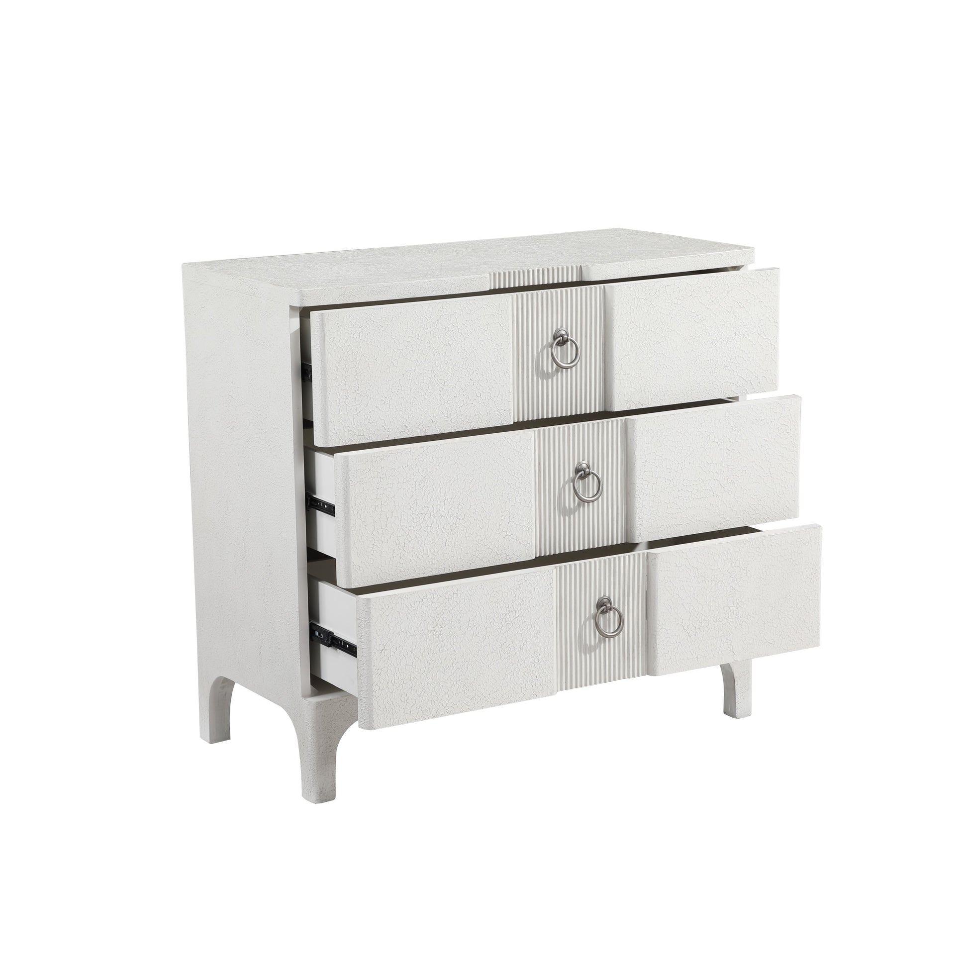 White Wooden Textured 3 Drawer Room Chest with Silver Ring Handles and Ribbed Front