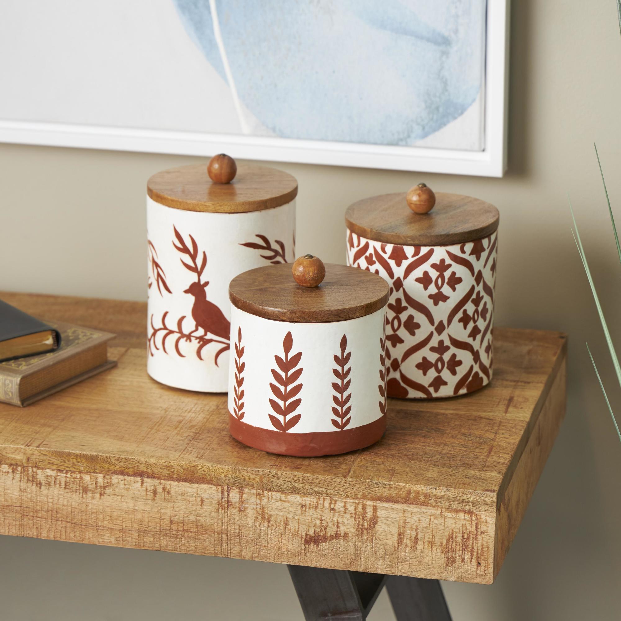 Set of 3 Floral Ceramic Decorative Canisters with Wood Lids