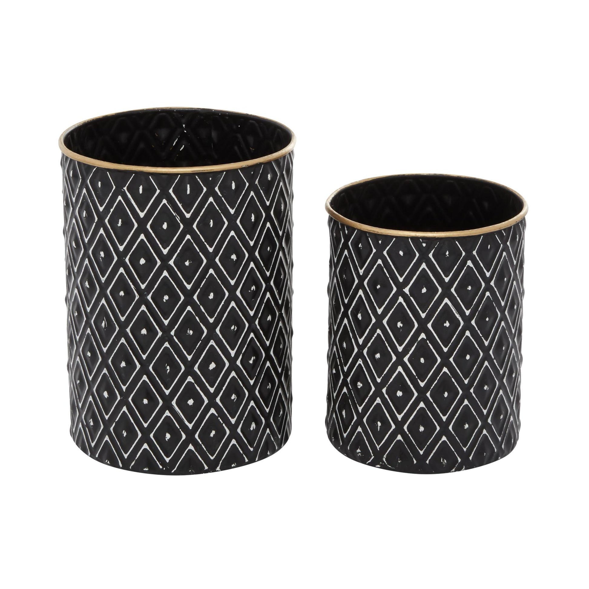 Set of 2 Geometric Black Metal Living Room Decorative Jars with Wood Lids