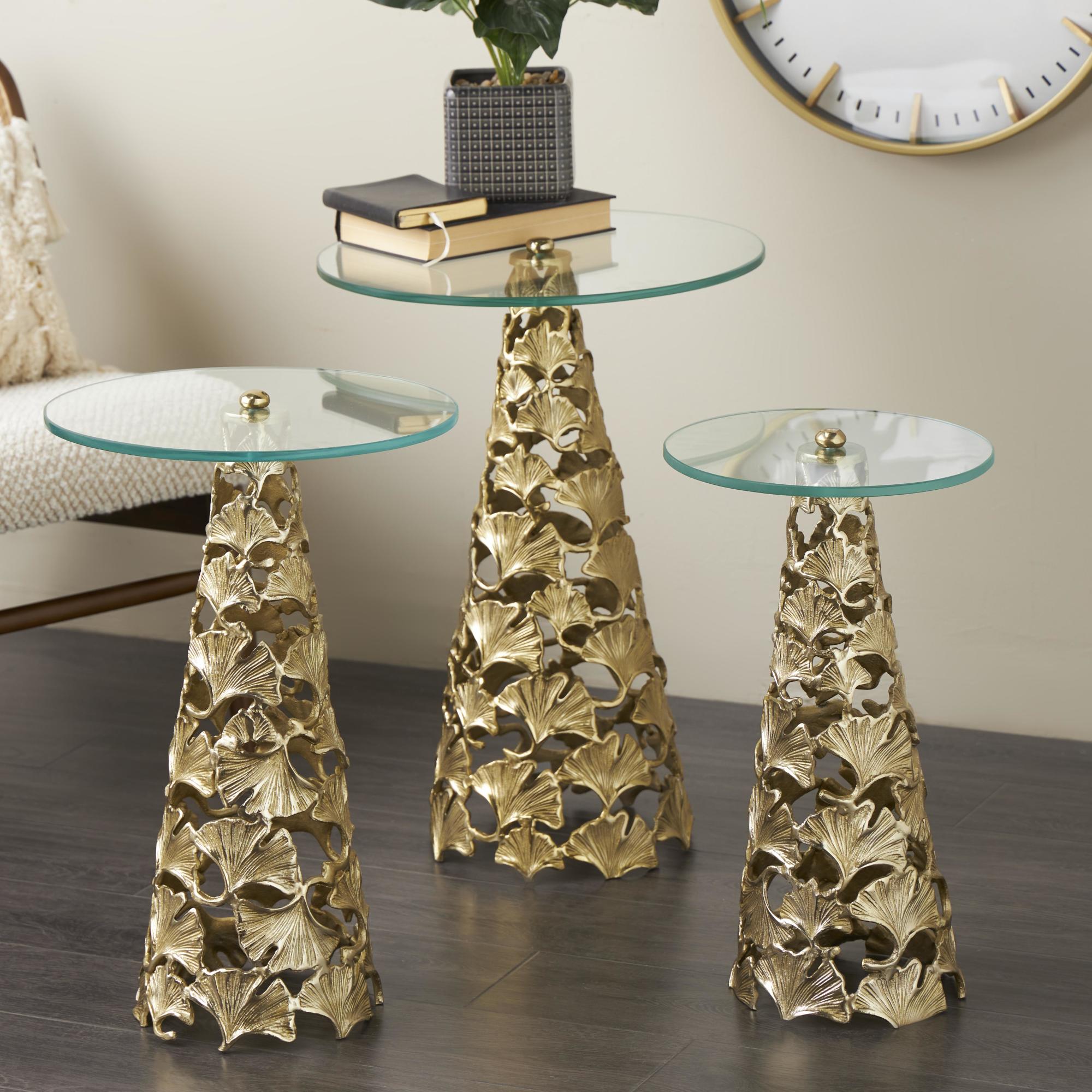 Set of 3 Floral Aluminum Metal Cutout Cone Shaped Side End Accent Table with Tempered Glass Tabletop