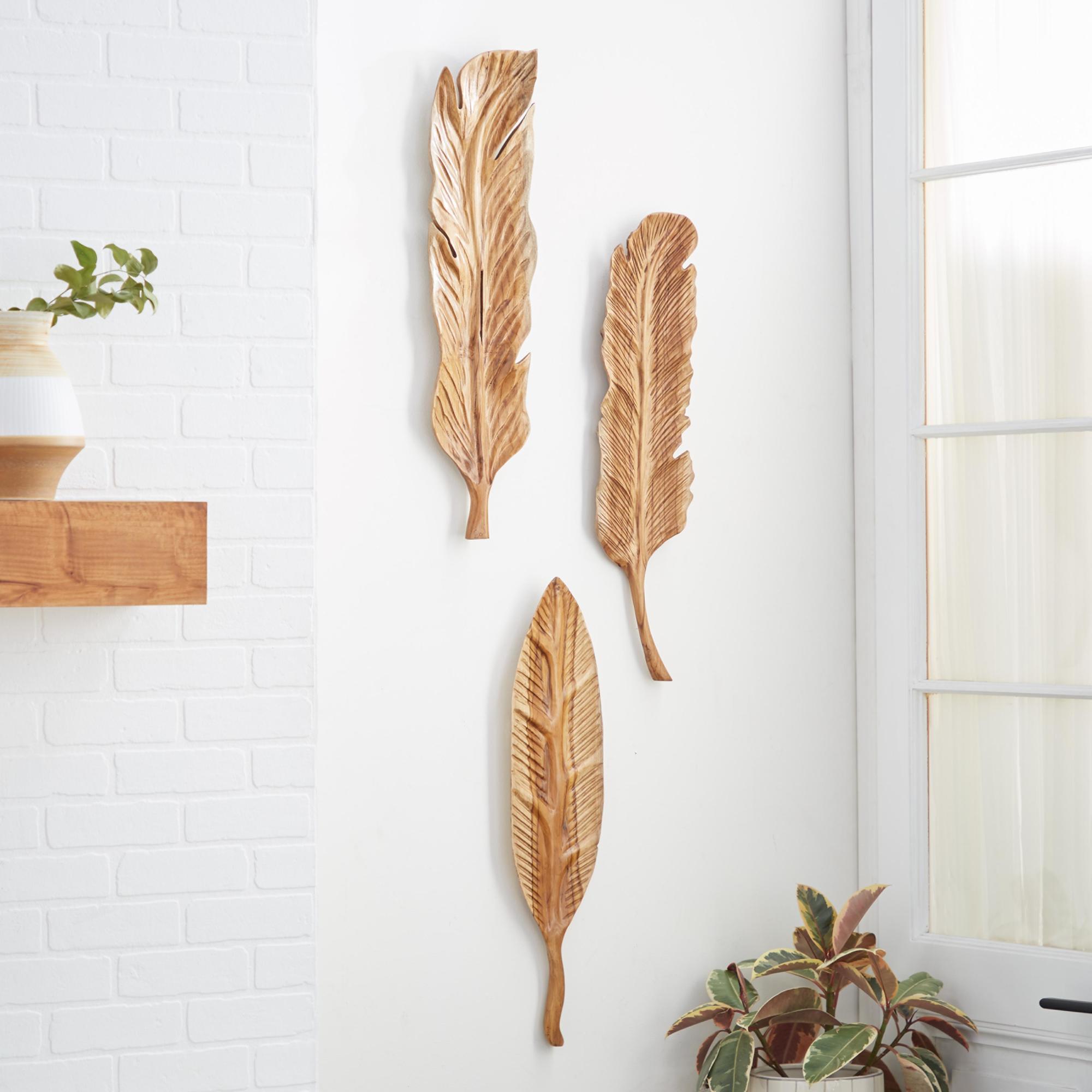 Set of 3 Leaf Brown Teak Wood Handmade Carved Feather Home Wall Decor