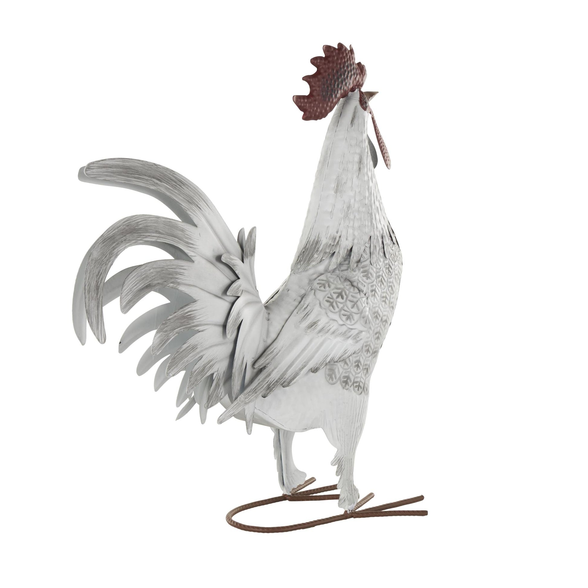 Rooster White Metal Decorative Garden Sculpture with Black Texturing and Red Accents