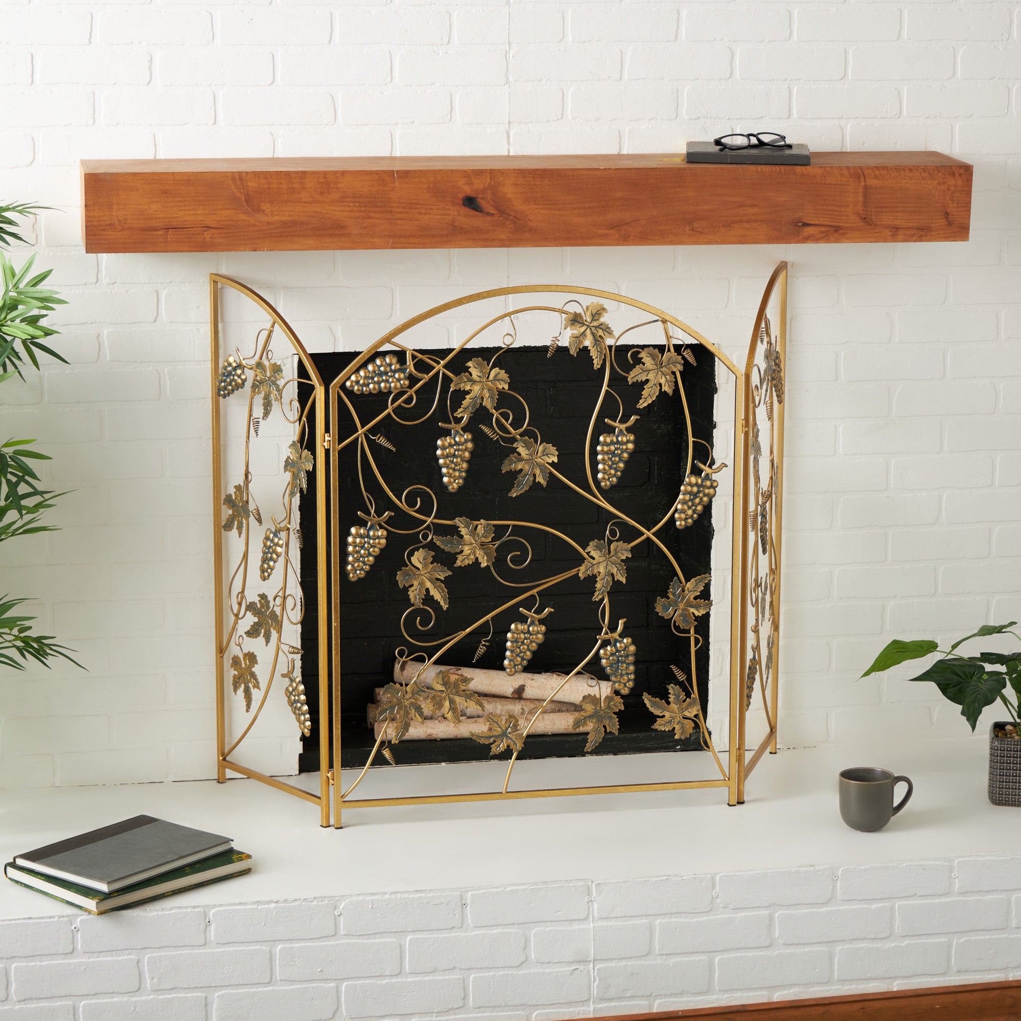 Fruit Gold Metal Foldable 3 Panel Living Room Fireplace Screen with Leaf Accents