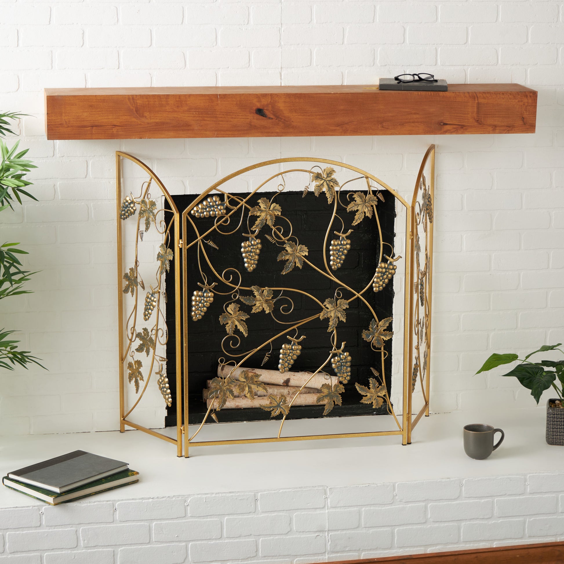 Fruit Gold Metal Foldable 3 Panel Living Room Fireplace Screen with Leaf Accents