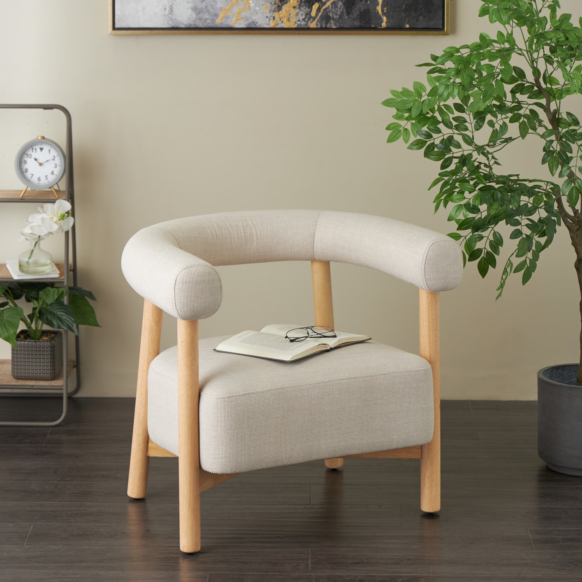 Beige Polyester Curved Back Mid Century Modern Round Boucle Living Room Accent Chair with Wood Frame