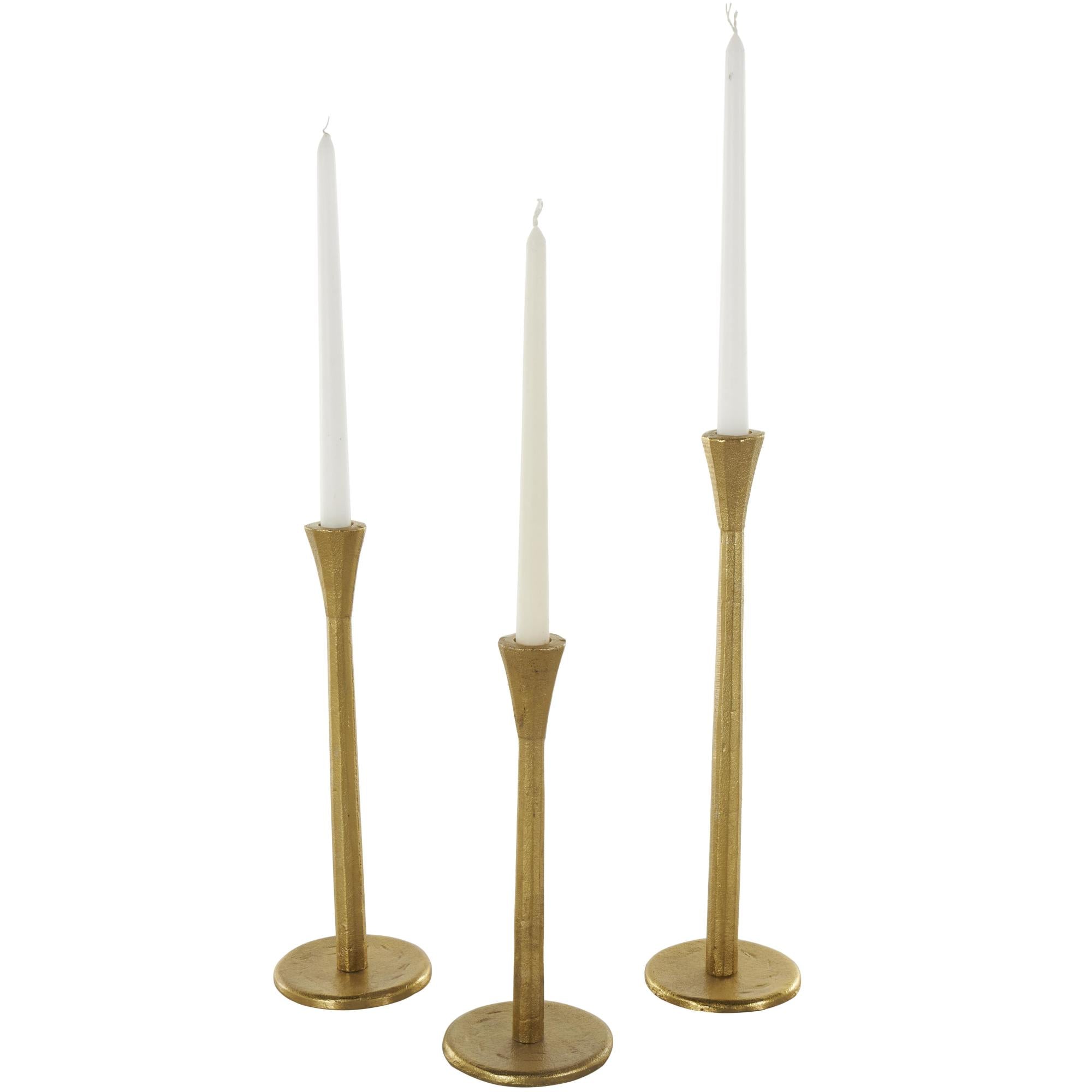 Set of 3 Gold Aluminum Metal Tapered Slim Decorative Candle Holder with Round Base