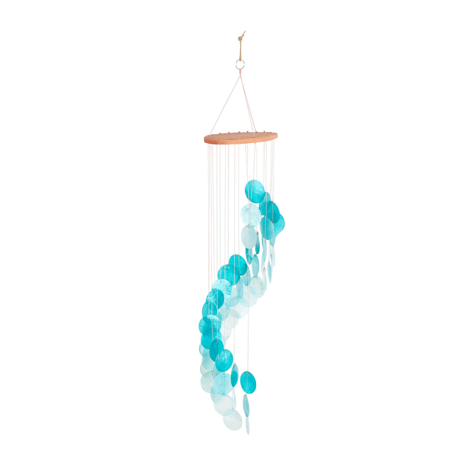 Geometric Teal Capiz Shell Waterfall Indoor Outdoor Windchime with Silver Ring