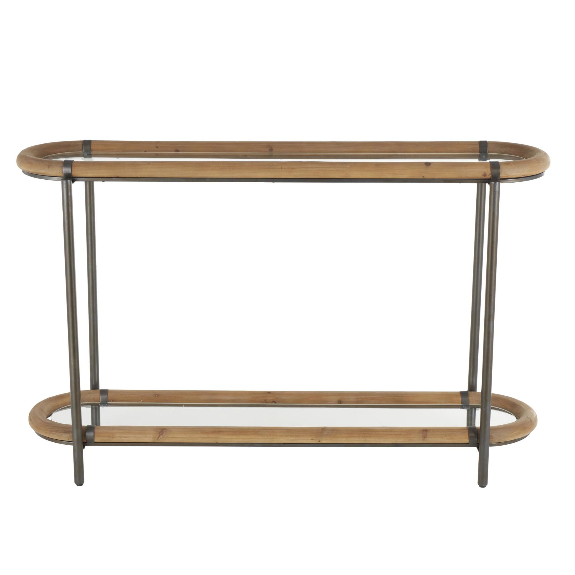 Brass Metal Oval Living Room Console Table with Brown Wooden Framed Glass Tabletop