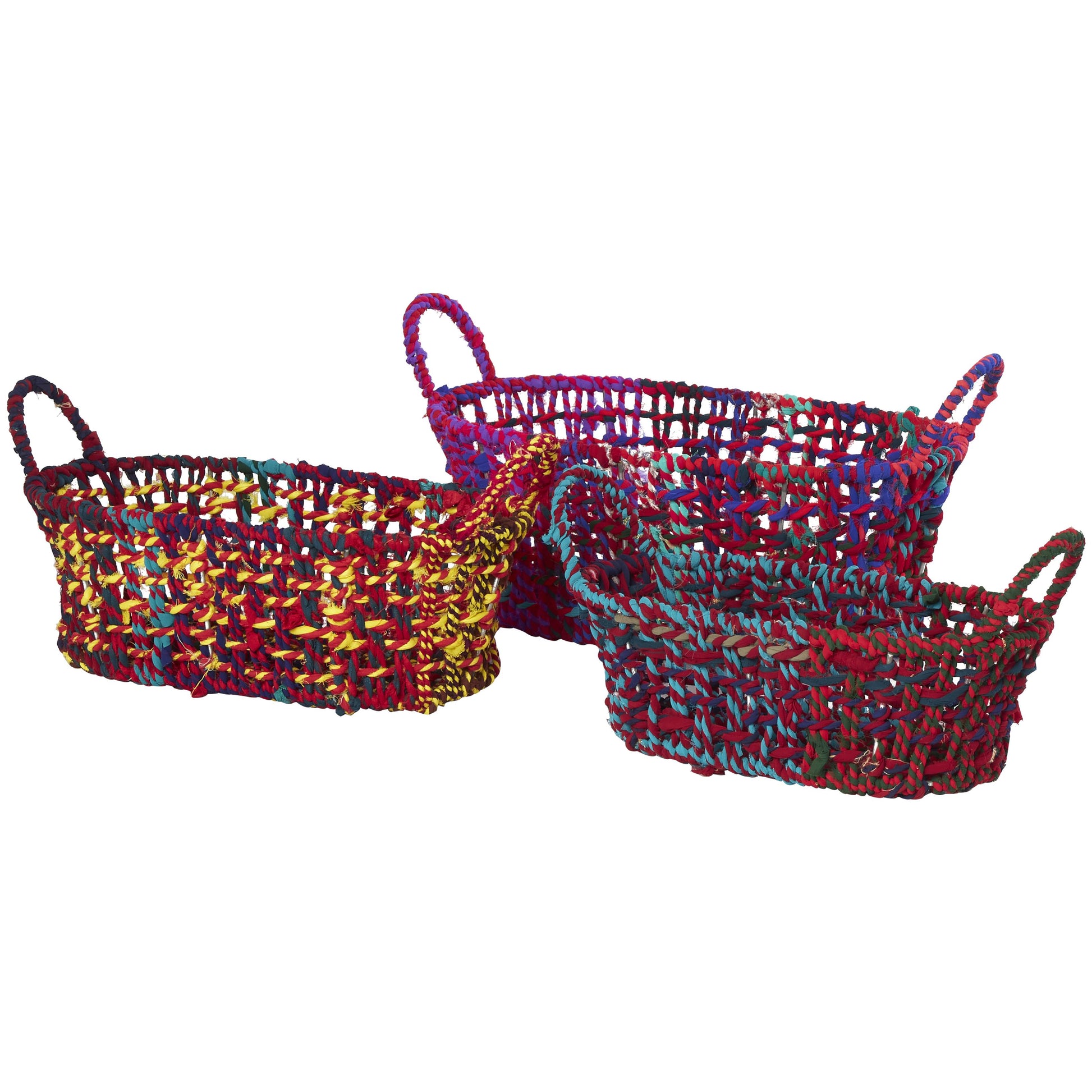 Set of 3 Cotton Fabric Handmade Decorative and Functional Storage Basket with Handles
