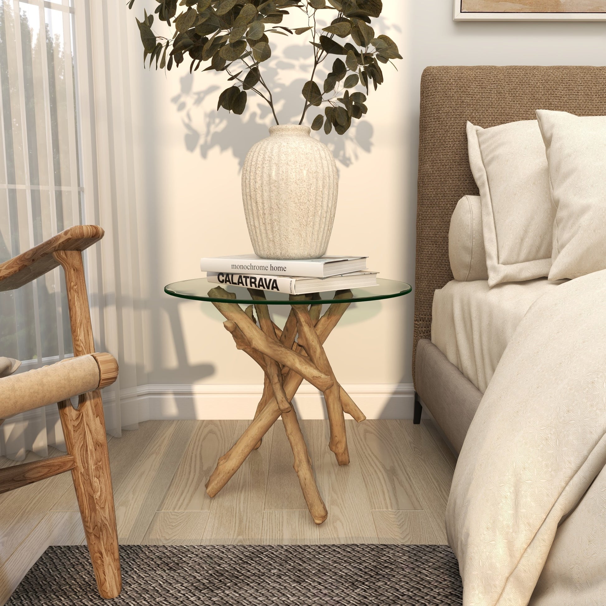 Brown Wood Handmade Tree Branch Side End Accent Table with Clear Glass Top