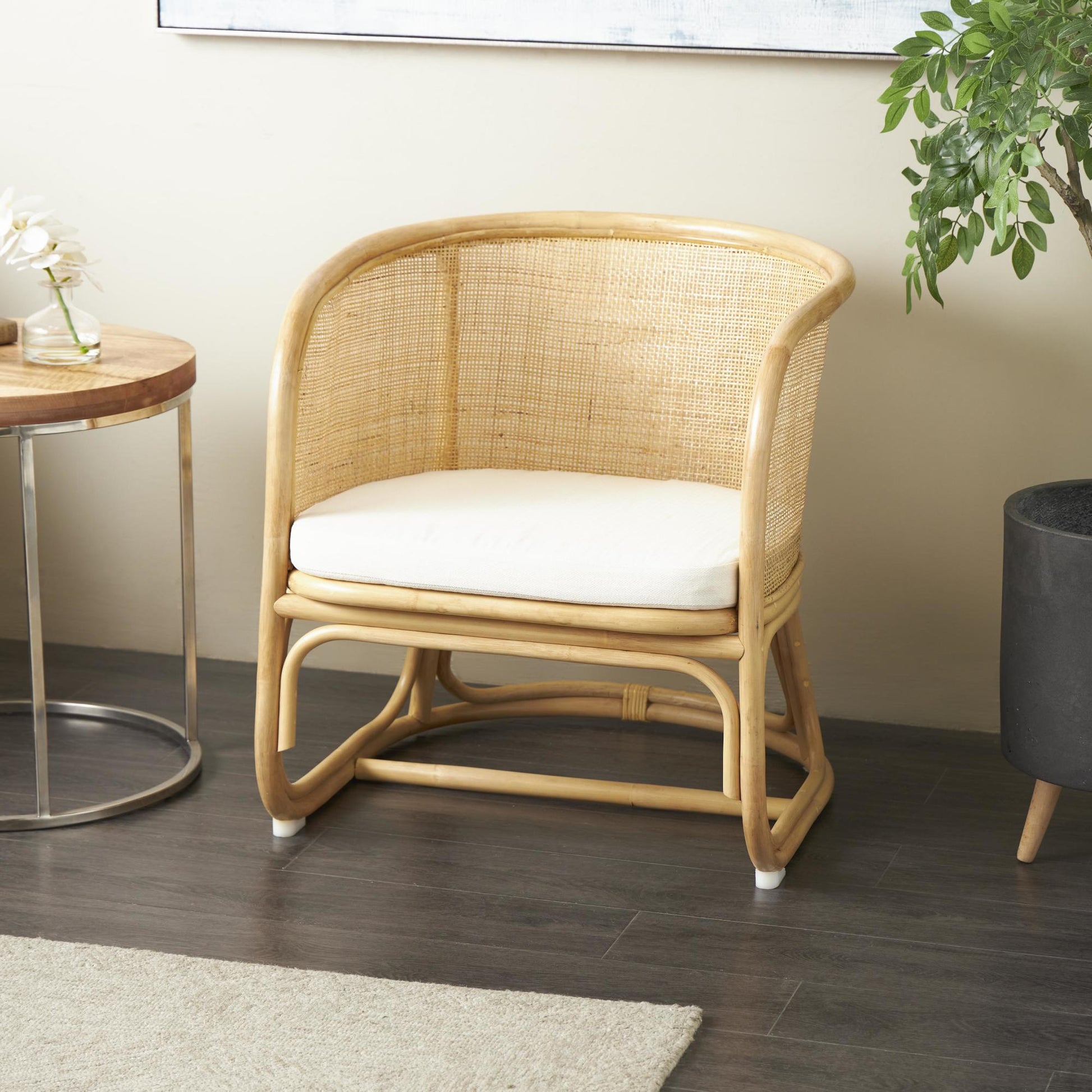 Light Brown Rattan Woven Rounded Living Room Accent Chair with White Fabric Cushion