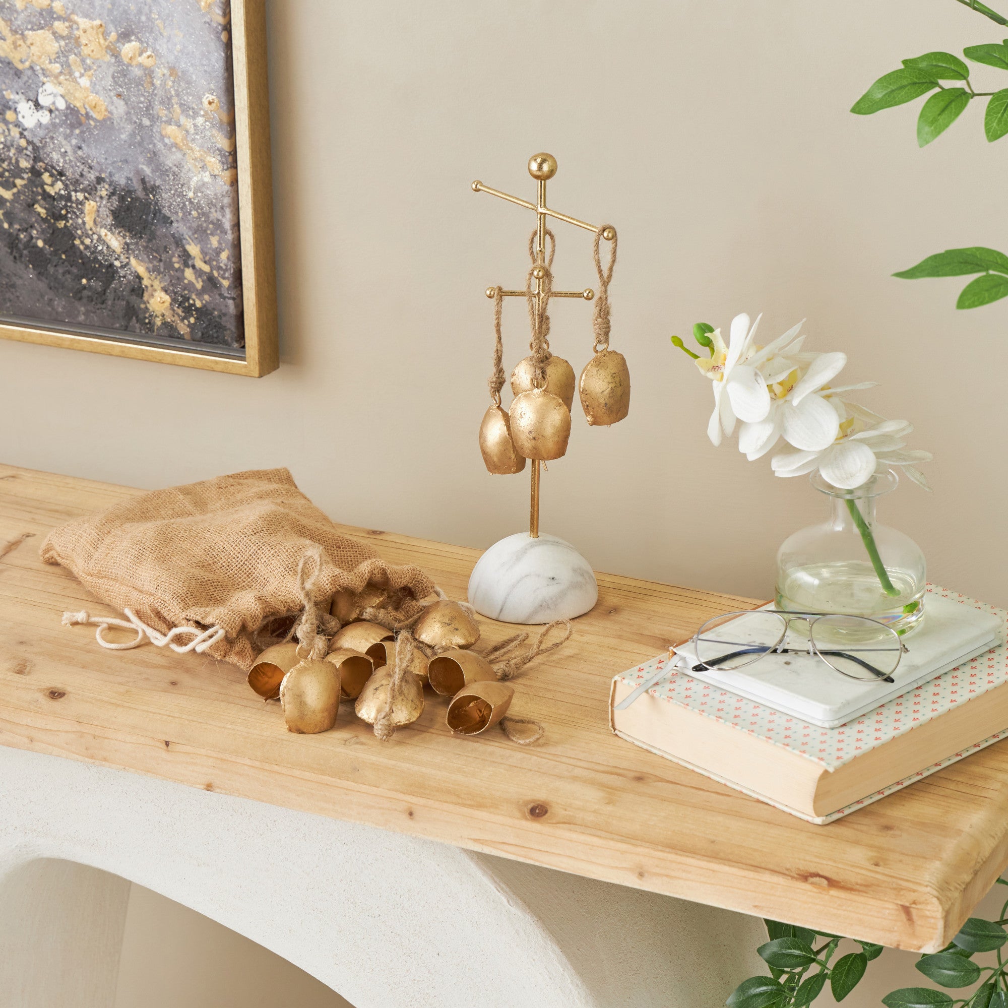 Set of 36 Bell Gold Metal Tibetan Inspired Indoor Outdoor Decorative Bells with Brown Jute Rope and Canvas Tote