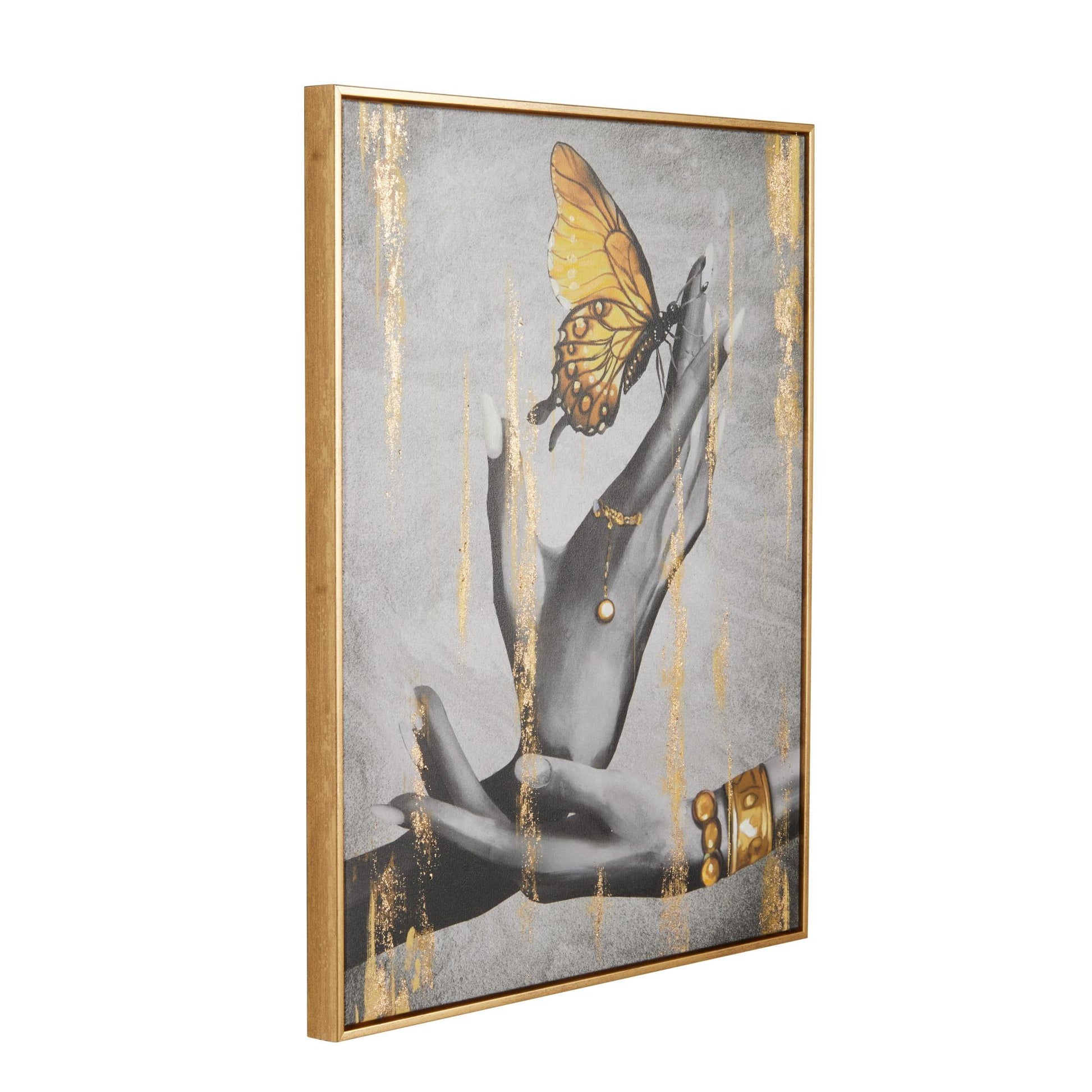Butterfly Black Canvas Shaded Living Room Framed Wall Art with Jeweled Hands and Gold Foil Accents