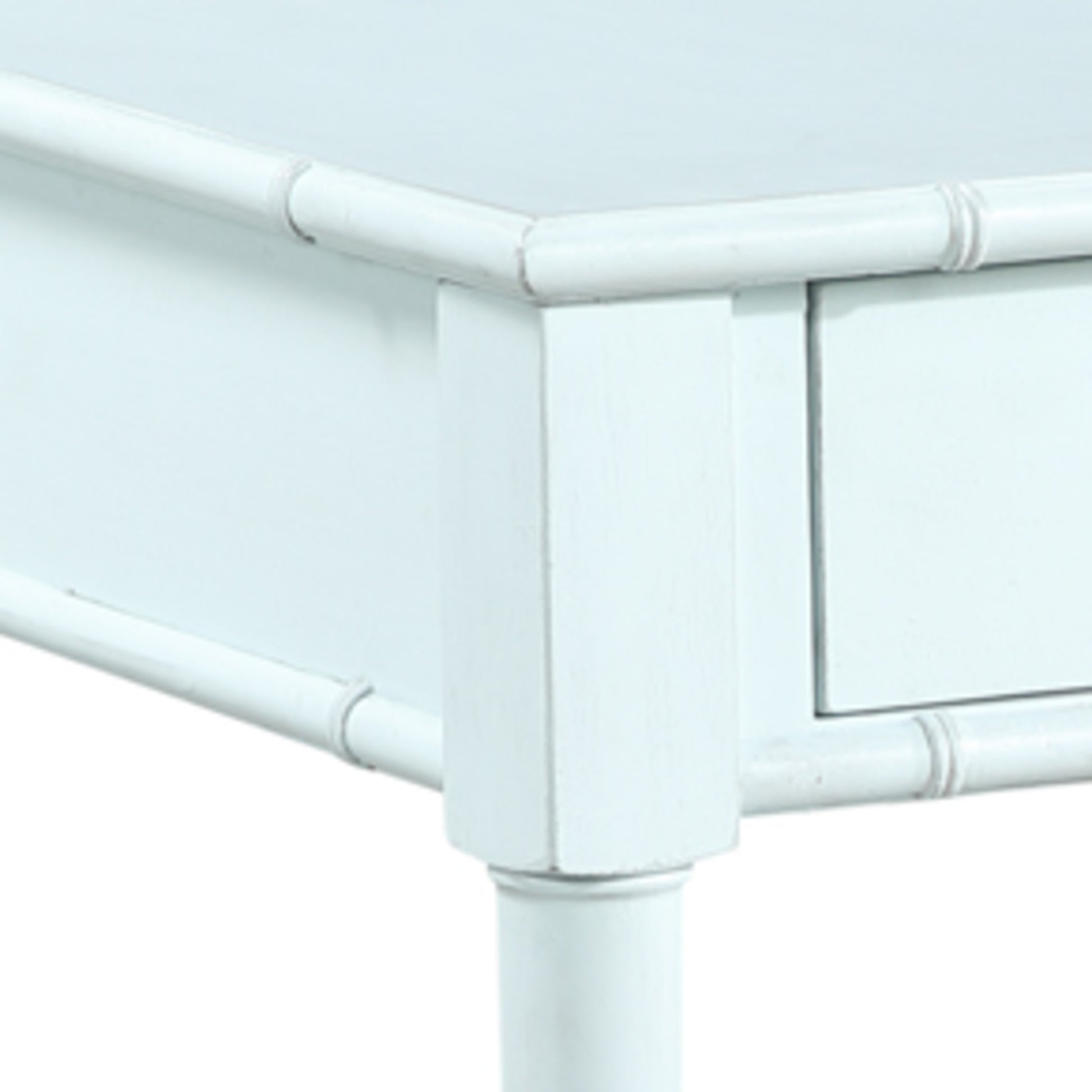 Light Blue Wood 1 Drawer Side End Accent Table with Bamboo Inspired Detailing and Bronze Knob