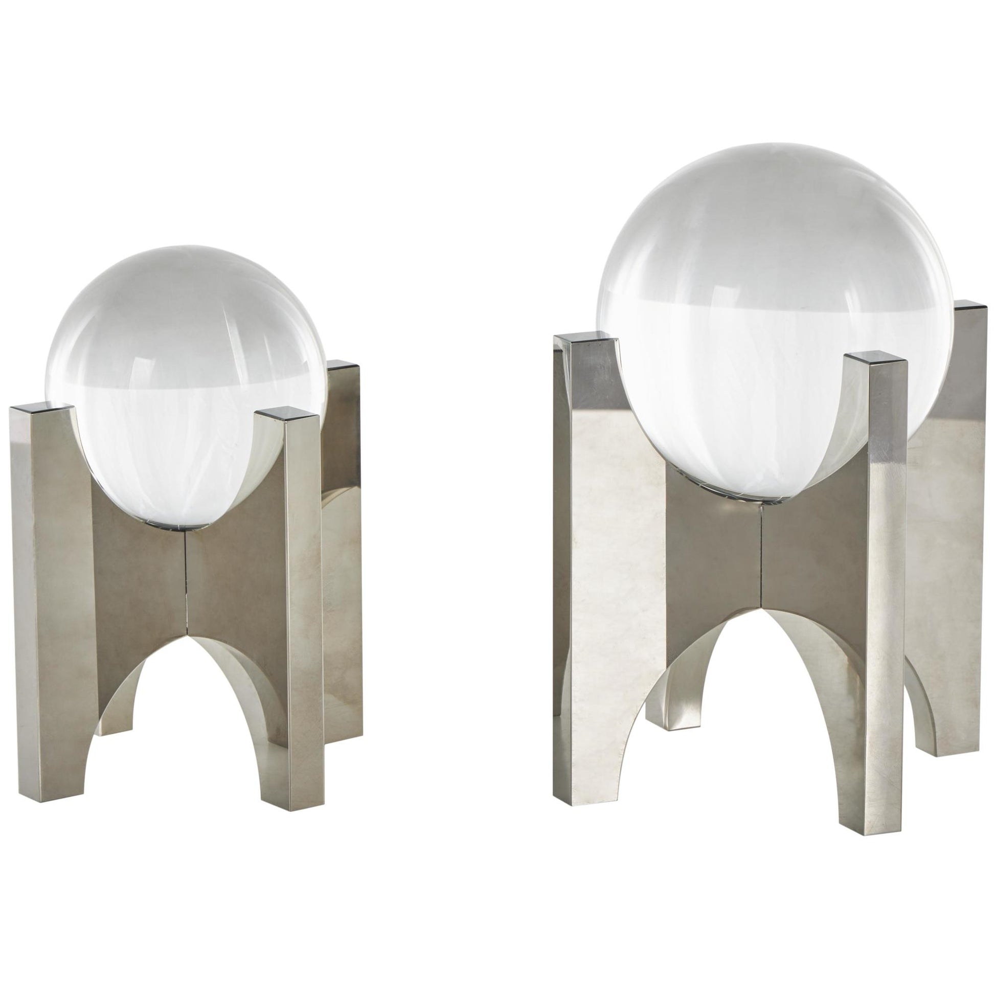 Geometric Silver Glass Orb Decorative Sculpture with Clear Orb and X-Shaped Holder