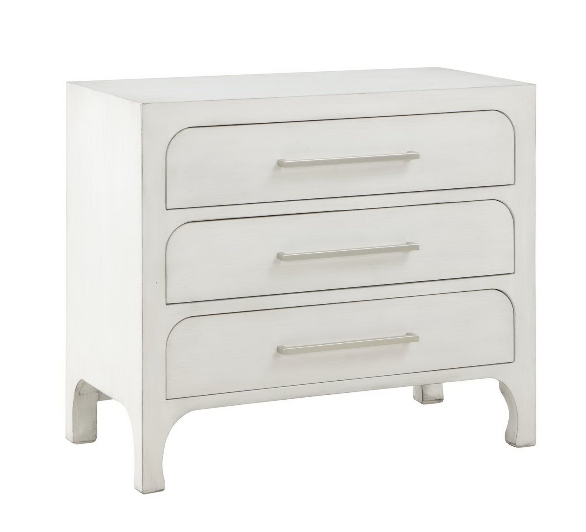 White Wooden 3 Drawer Room Dresser with Curved Drawer Frames and Legs and Silver Bar Handles