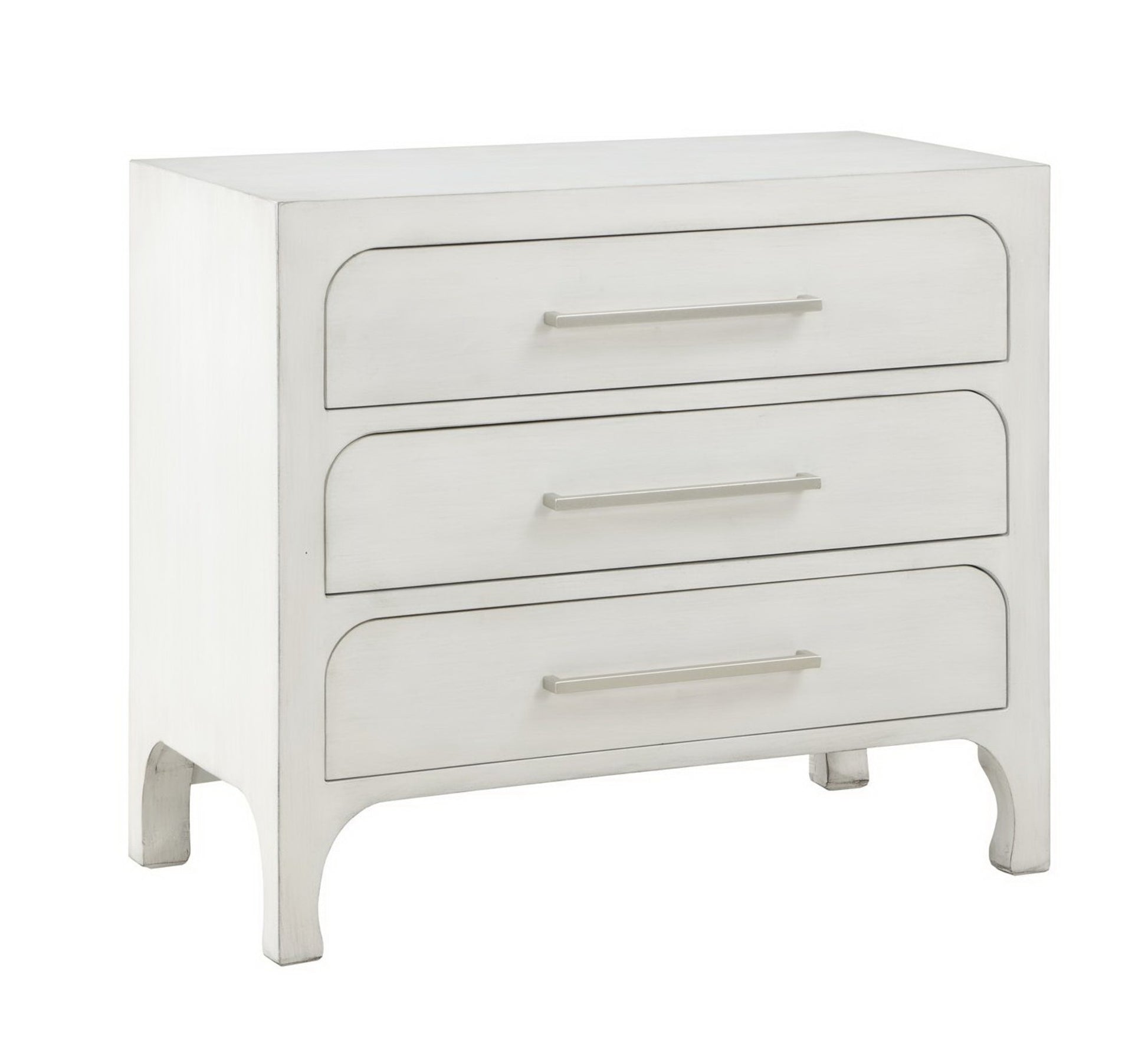White Wooden 3 Drawer Room Dresser with Curved Drawer Frames and Legs and Silver Bar Handles
