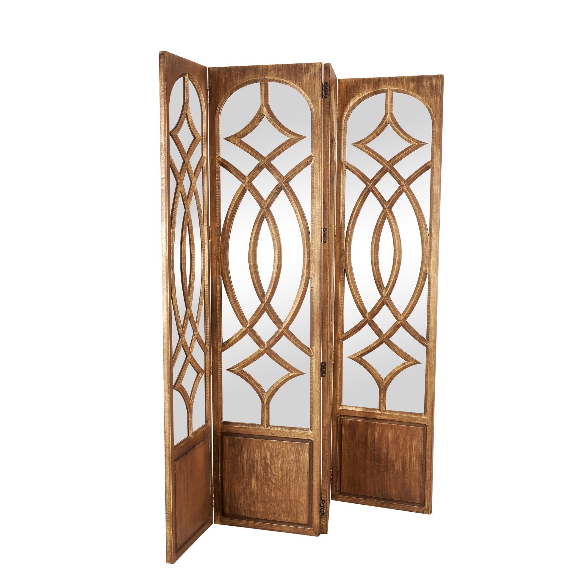 Brown Mango Wood Handmade Hinged Foldable Partition Room Divider Screen with Mirror
