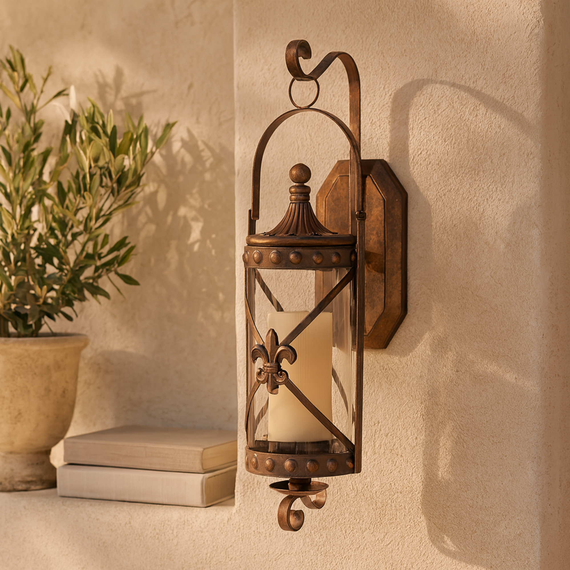 Fleur De Lis Metal Suspended Studded Single Candle Indoor Outdoor Wall Sconce with Scroll Details 7" x 6" x 20"