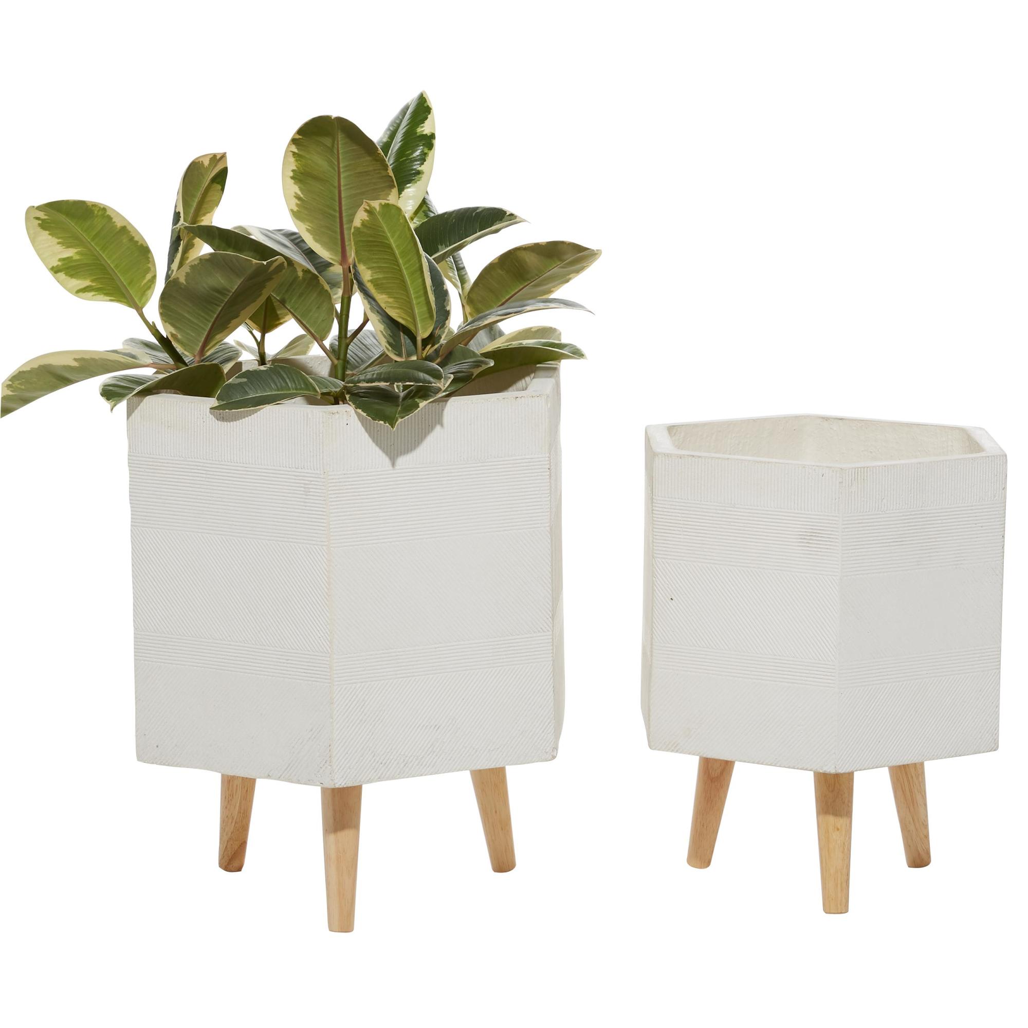 Set of 2 White Magnesium Oxide Indoor Outdoor Planter with Wood Tripod Legs