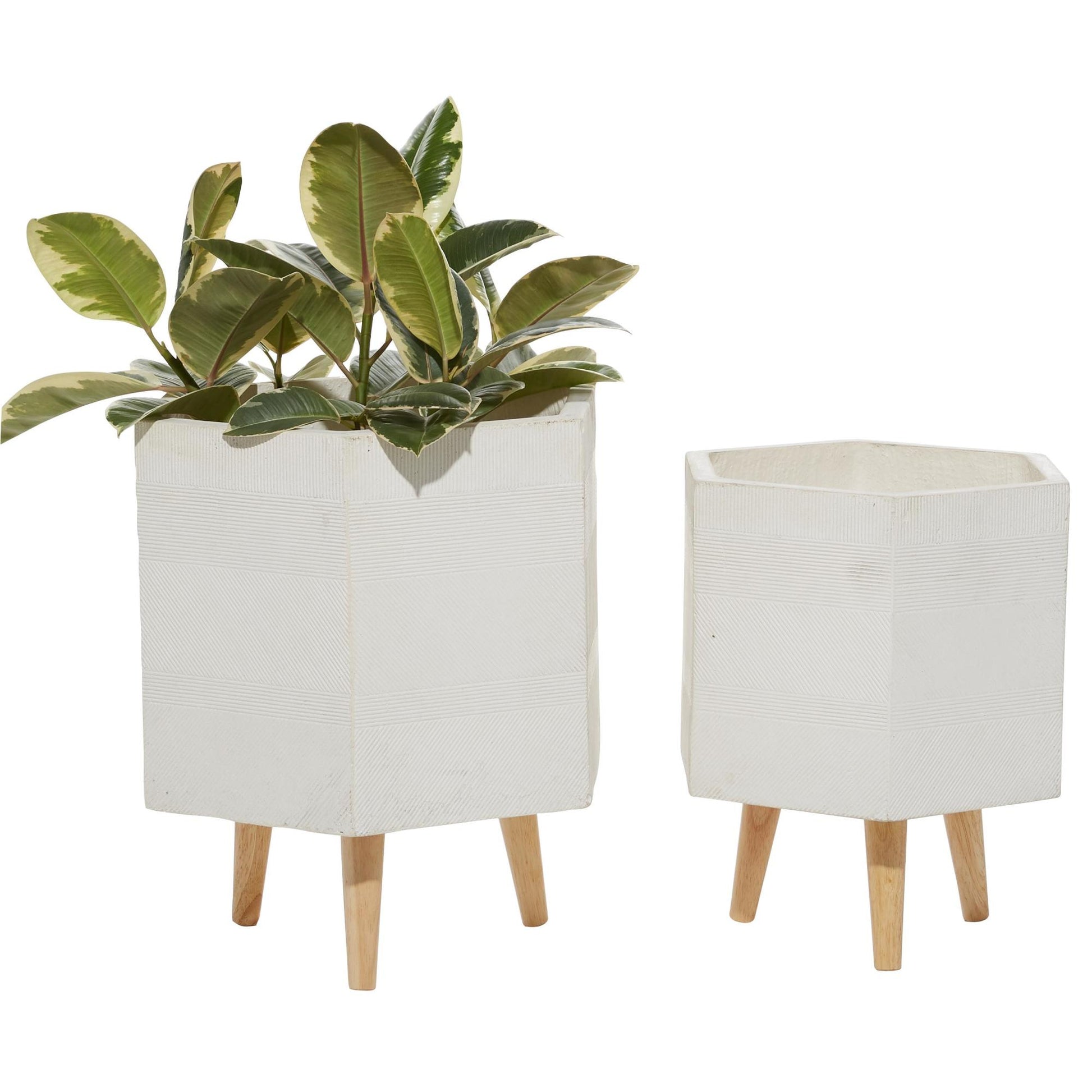 Set of 2 White Magnesium Oxide Indoor Outdoor Planter with Wood Tripod Legs