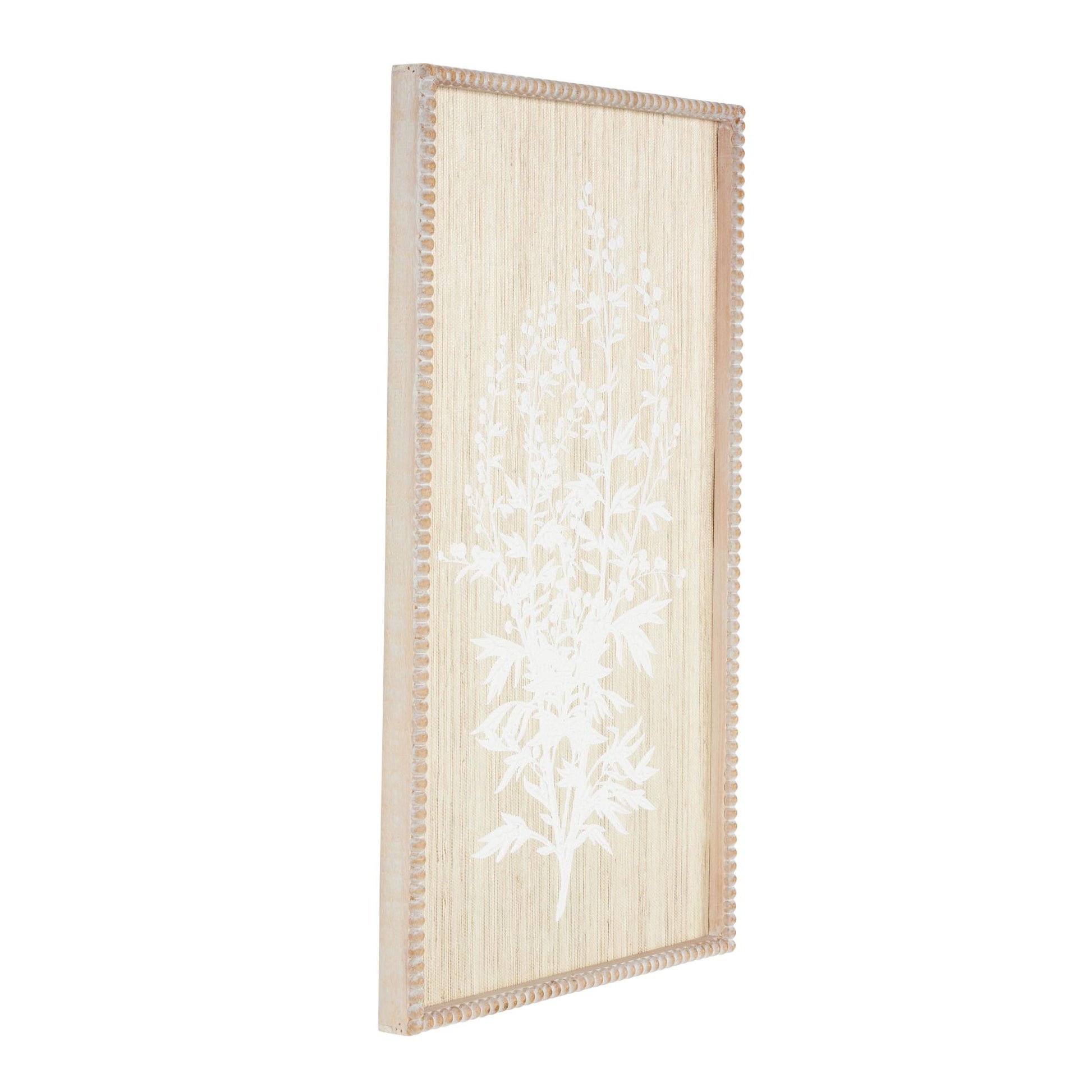 Floral Cream Wood Textured Living Room Framed Wall Art with White Painted Accents and Beaded Frame