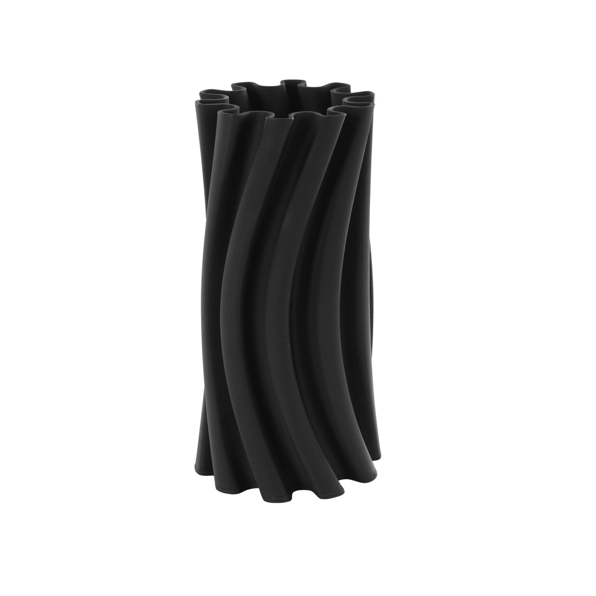 Abstract Black Ceramic Curvy Ribbed Decorative Vase with Floral Shaped Rim