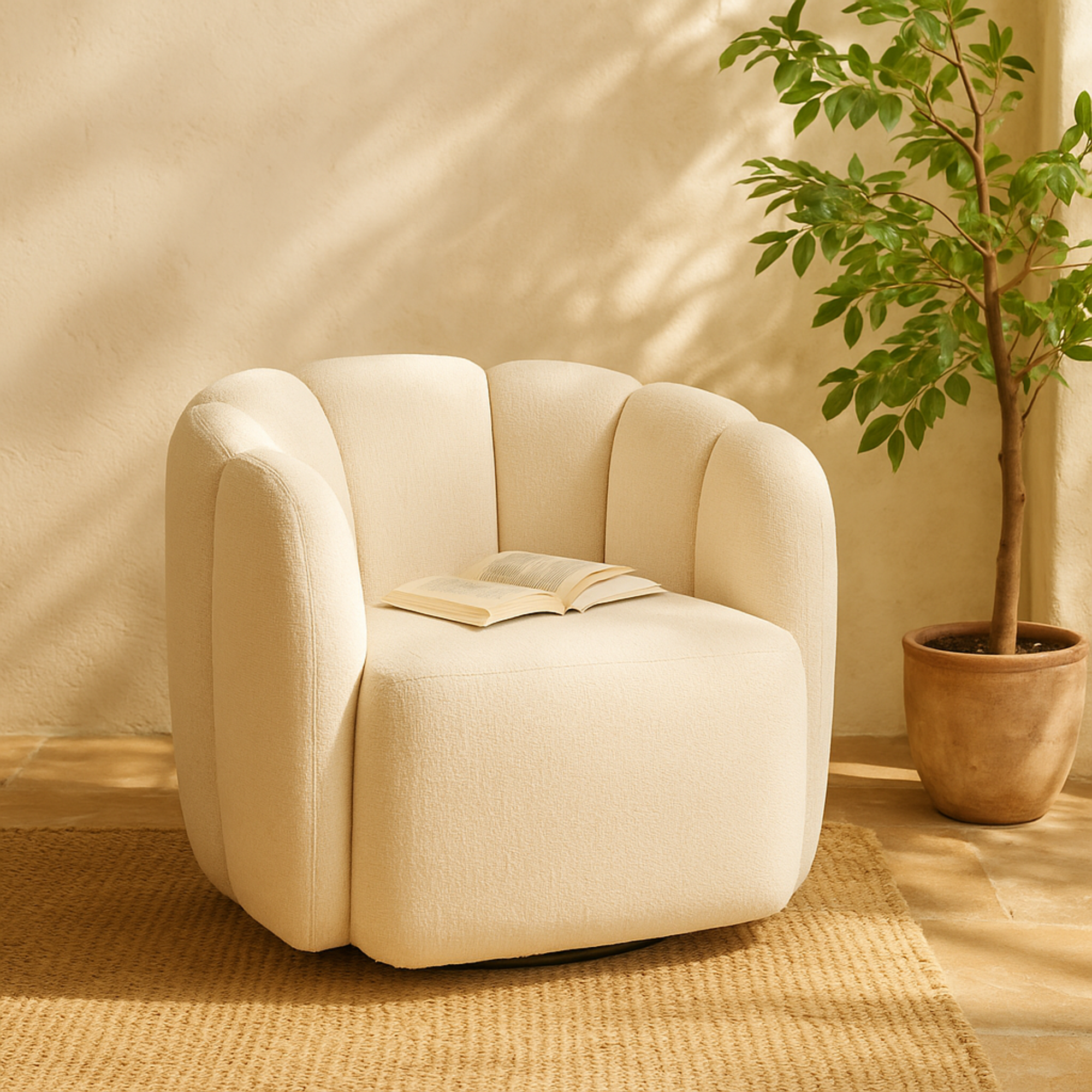 Cream Polyester Arched Swivel Living Room Accent Chair