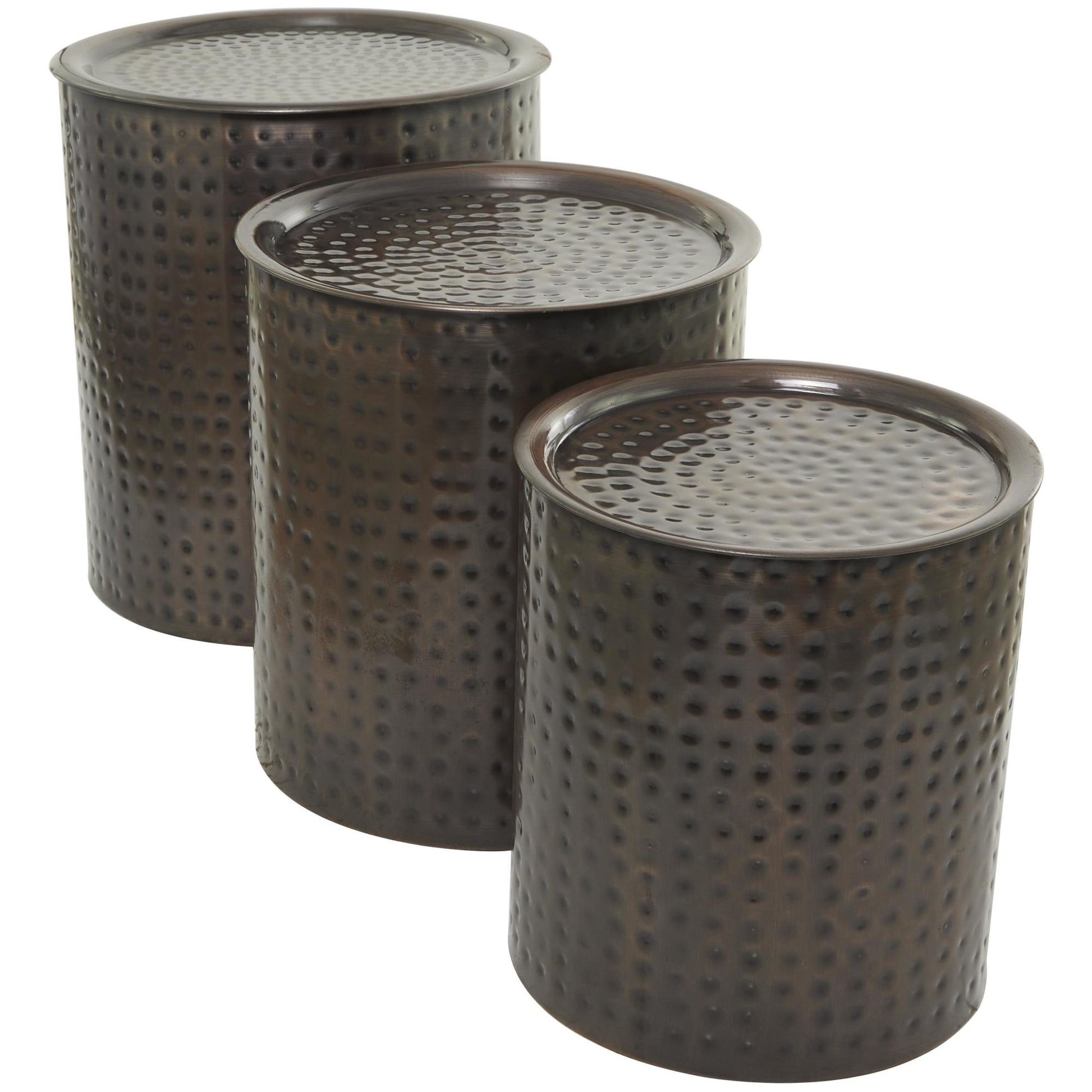 Set of 3 Drum Bronze Metal Handmade Side End Accent Table with Hammered Design