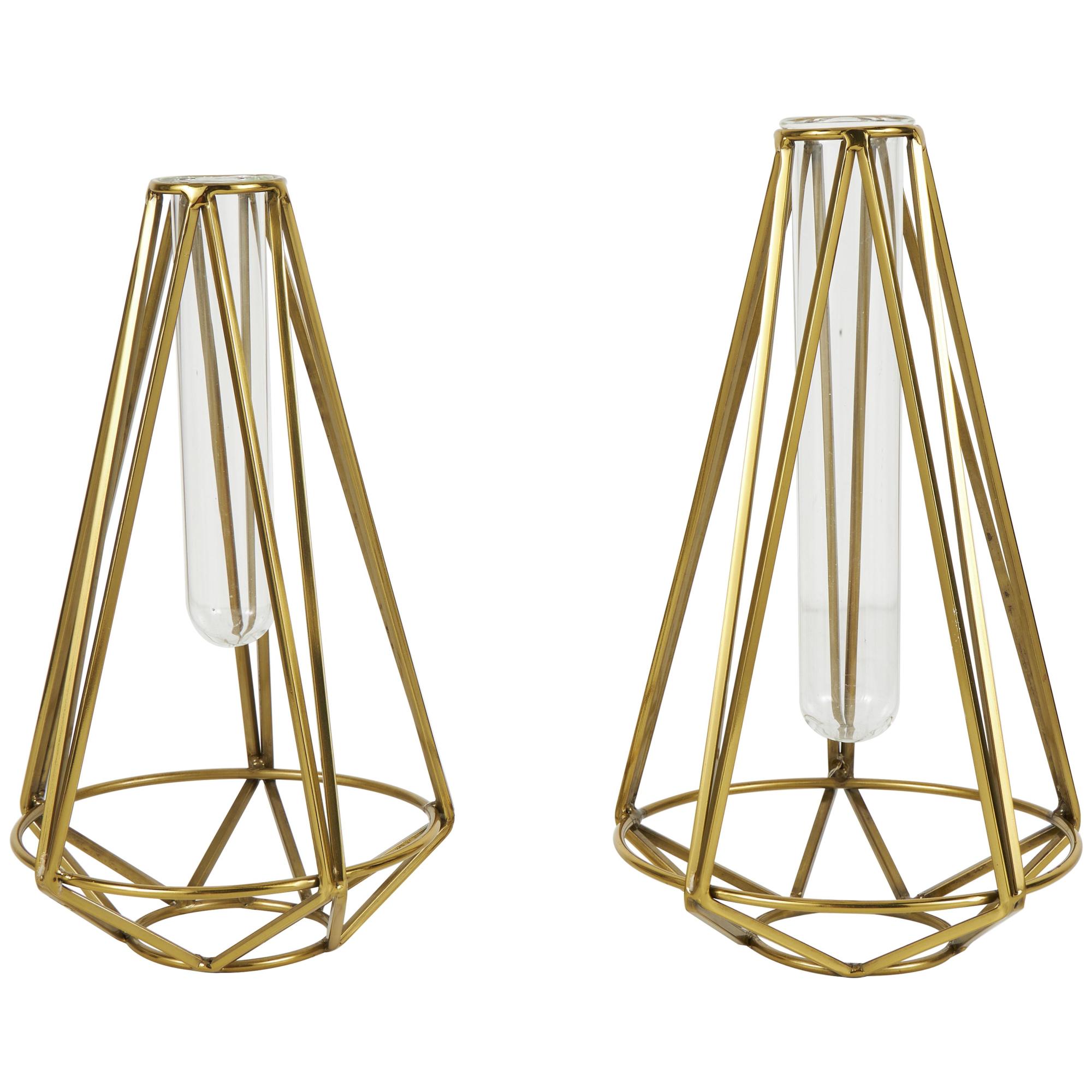 Set of 2 Geometric Gold Stainless Steel Metal Test Tube Decorative Vase