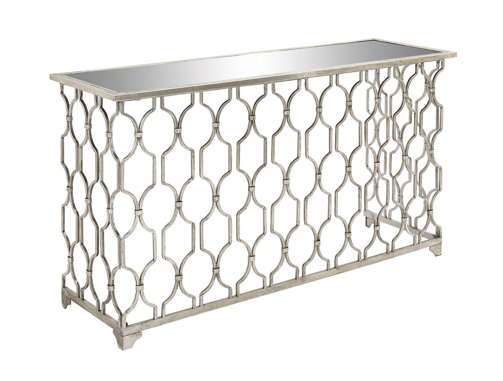 Geometric Silver Metal Rectangular Living Room Console Table with Mirrored Glass Top