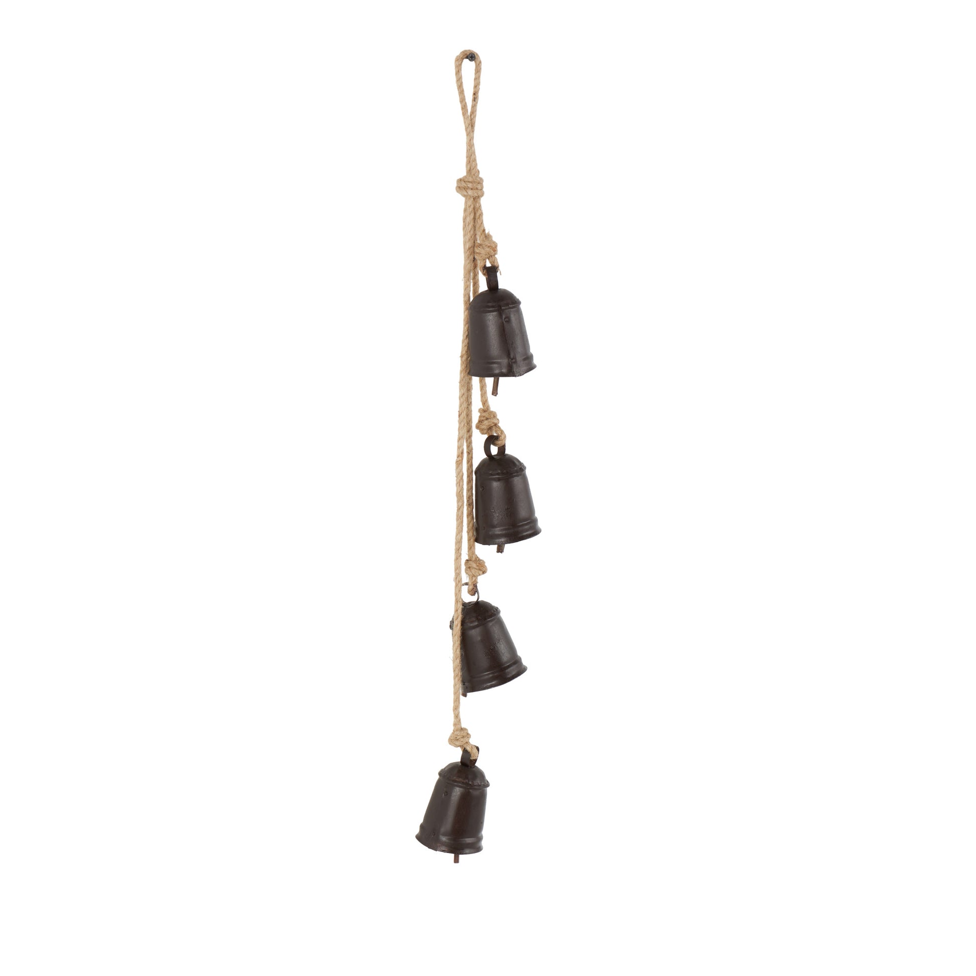 Metal Handmade Tibetan Inspired Indoor Outdoor Decorative Cow Bells with 4 Bells on Jute Hanging Rope