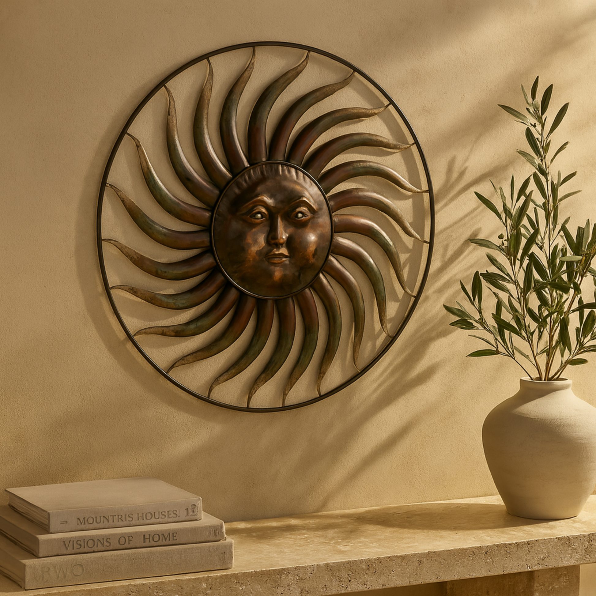 Sun Copper Metal Indoor Outdoor Weathered Home Wall Decor with Green Accents