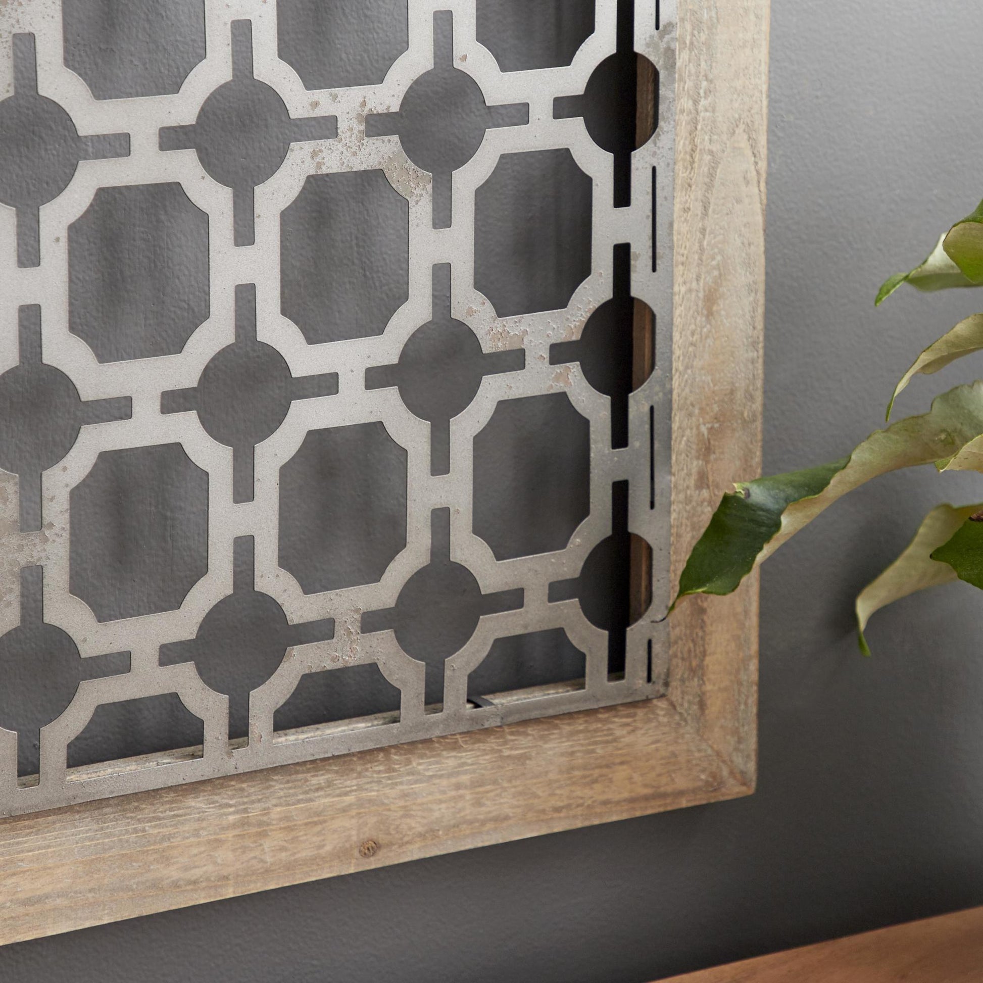 Set of 4 Geometric Brown Wood Home Wall Decor with Silver Metal Trellis Cutouts