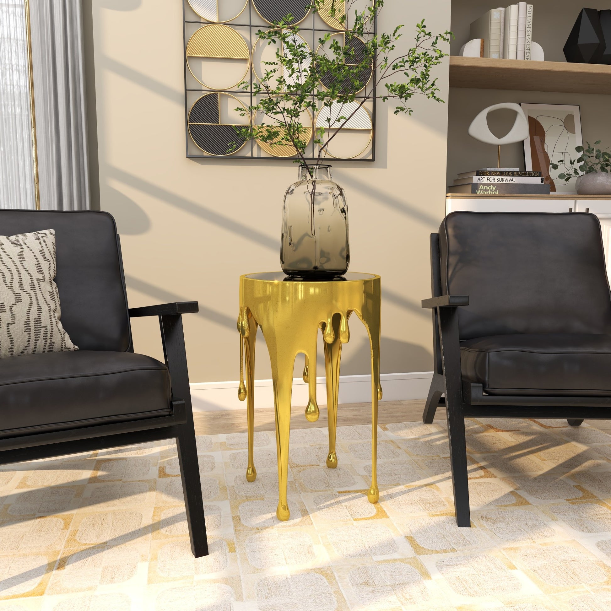 Abstract Aluminum Metal Drip Side End Accent Table with Melting Design and Shaded Glass Top