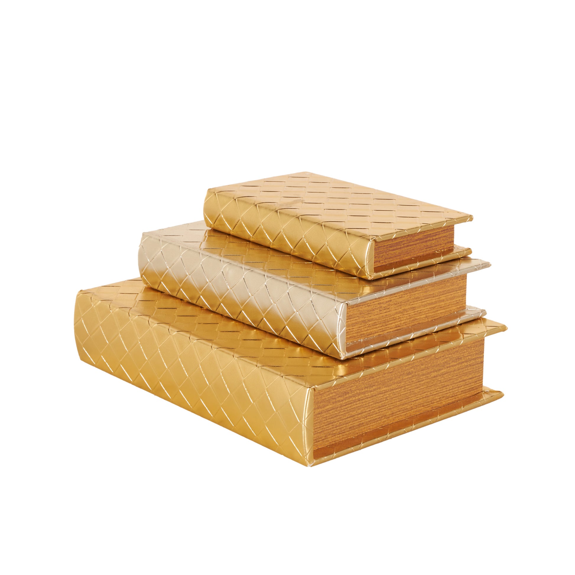 Set of 3 Geometric Gold Faux Leather Metallic Textured Diamond Faux Book Storage Decorative Box
